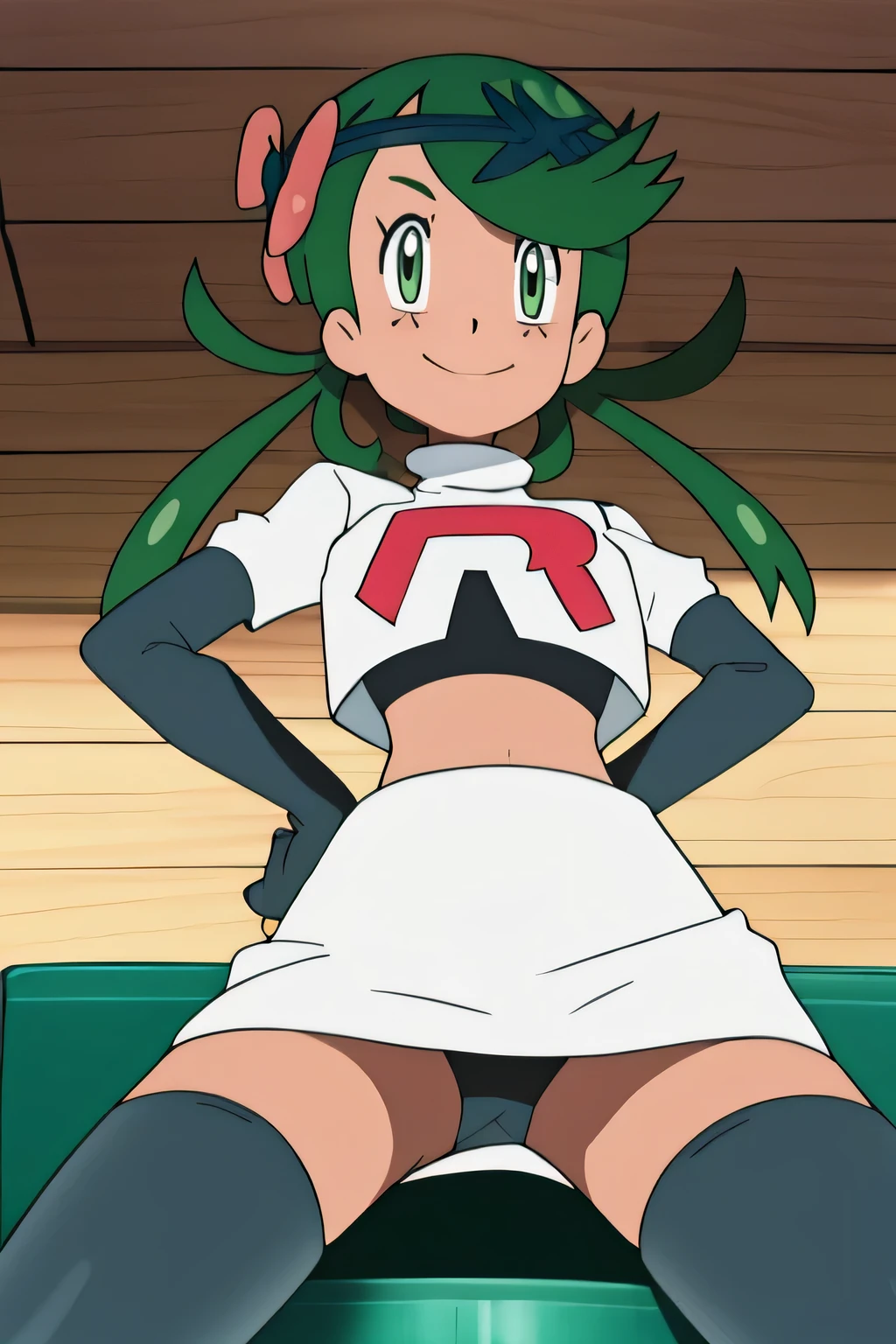 masterpiece,best quality,high res,high quality,8k, masterpiece,highres, team rocket uniform, red letter r, white skirt,white crop top,black thigh-high boots, black elbow gloves, evil smile, looking down at viewer, hands on hips, cowboy shot, zettai ryouiki,spread legs,from below, black panties,anime style, vivid colors, sharp focus, intense lighting,defMallow, dark skin, hair flower, hair ornament,twintails, green hair