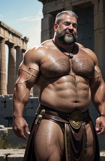  A shirtless Spartan warrior obese full body bodybuilder with a very oiled body a sweaty smiling old man with a shaved head and extremely muscular and extremely fat over 70 years old weighing over 600 pounds very muscular very hairy, large pectorals with dark gynecomastia nipples on the acropolis of imperial Thebes with a small red linen skirt with bronze applications and a leather harness on the torso 