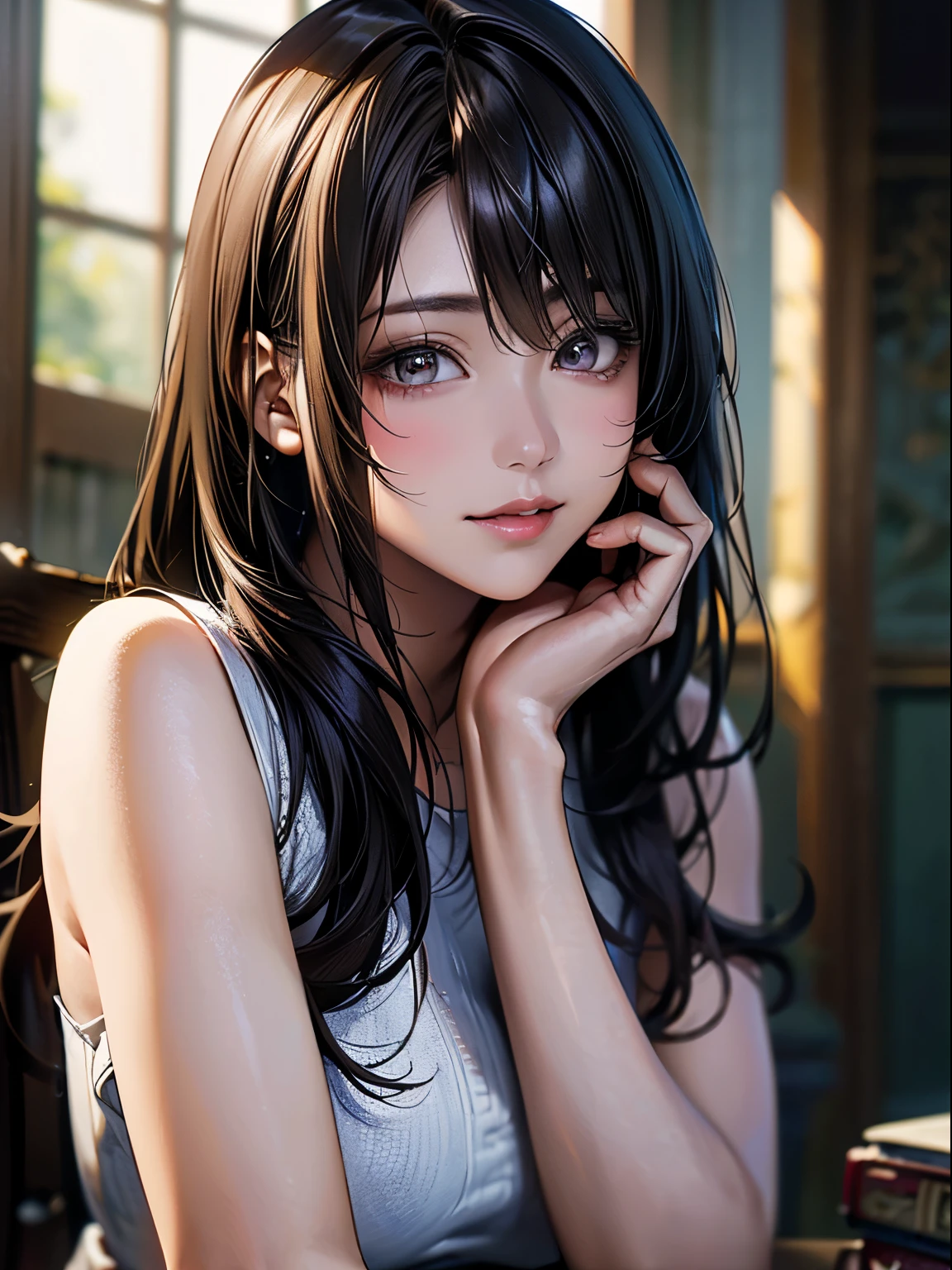 ((highest quality)),(超A high resolution),(Very detailed),(Detailed Description),((The best CG)),(masterpiece),super precision art、(highest quality、8k、32k、masterpiece)、(Realistic)、(Realistic:1.2)、(High resolution)、Very detailed、Very beautiful face and eyes、1 female、((Narrow eyes:1.4、fine grain))、Tight waist、Delicate body、(highest quality、Attention to detail、Rich skin detail)、(highest quality、8k、Oil paint:1.2)、Very detailed、(Realistic、Realistic:1.37)、Bright colors