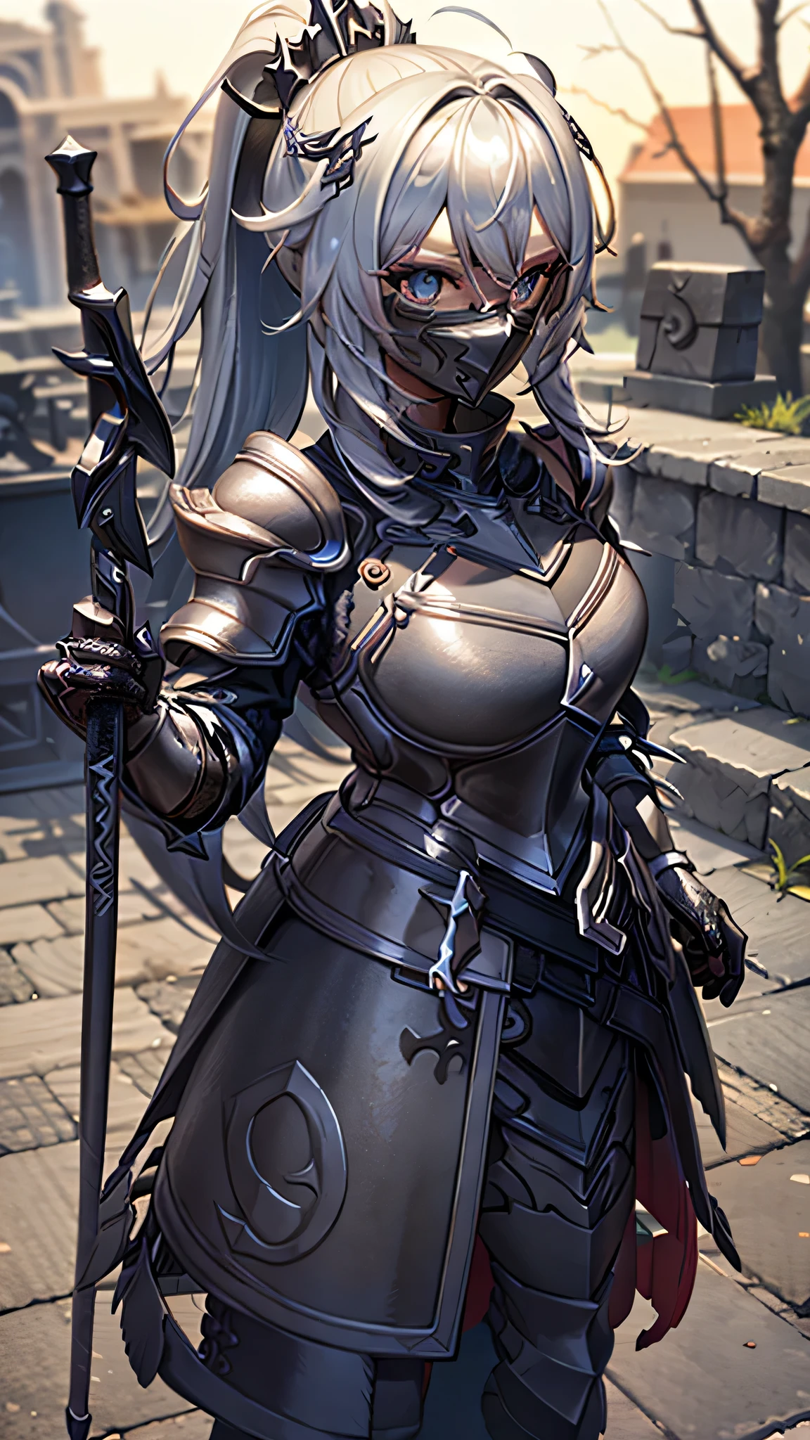 masterpiece, best_quality, grimdark, 1girl , full_body,(Kiana_Kaslana), silver_hair, ponytail, medium_breasts, (plate_armor), ((full_armor)), ((((black_Armor)))), (black_knight), dual-wielding_axe