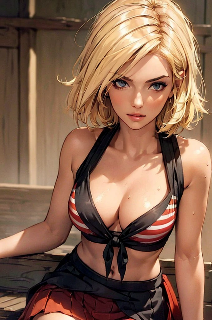((((masterpiece, best quality, high resolution)))), Extremely detailed 8K, Beautiful girl with slender body, (Ultra HD, Ultra-detailed, Highly detailed, Highly realistic, Ultra-realistic, photograph realistic), (1girl:1.5), (Realistic blonde hair with dark roots), short wavy hair, bob cut, (dynamic poses), facing at camera, light smile, (beautiful detailed face, beautiful detailed eyes), (girl wearing dress shirt tied in a knot to show midriff and black and red striped mini skirt), see through top, cleavage, glow, sweat, (sunbeam, sunlight), detailed makeup, abs, thigh gap, athletic body