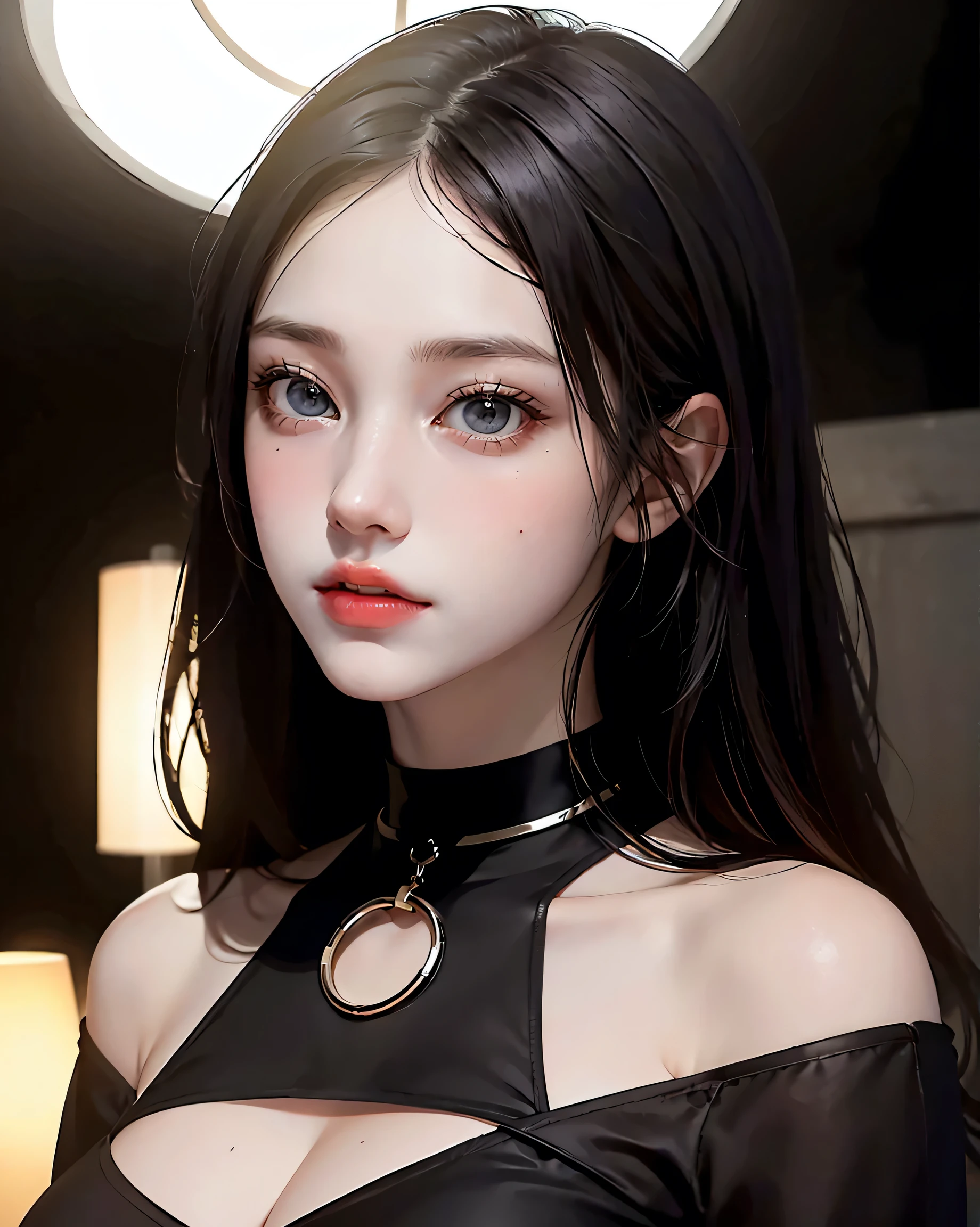 Beautiful girl with realistic black eyes, Pale skin, Long black hair, Perfect Face, Perfect Eyes, (()),((A tight lace dress with a plunging neckline)) Very detailed, General Movie, Digital Painting, 8k, Cinema Lighting, highest quality, High resolution, well done!, Post-processing, Perfect results, Surreal,(((Revealing clothing))),Big Breasts,choker