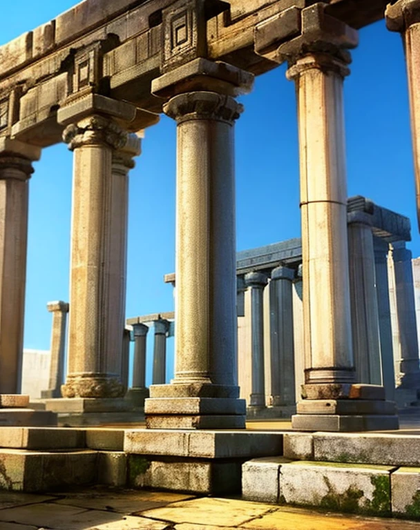 A closeup of a stone structure with a sky background, ancient ruins, templo antigo, ancient temple ruins, templo arruinado, temple ruins, Ancient Greek ruins, ancient marble city, arquitetura antiga, unreal engine 5 render dramatic, Templo grego, ancient city ruins, ancient greek temple ruins, Ruins of ancient technology, Templo grego antigo, fundo grego do templo, ruins landscape