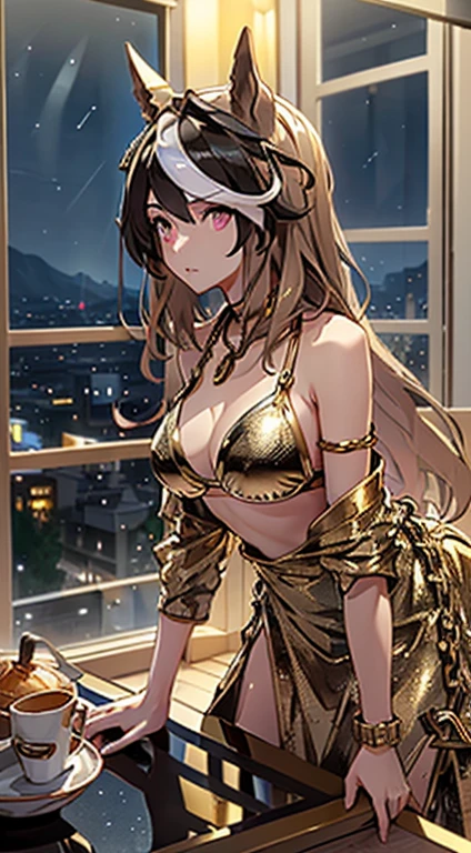 top-quality、Top image quality、symboli rudolf \(umamusume\)、masterpiece、girl with((20yr old、Best Bust、big bast、Bust 85、Breasts wide open、A slender、Large valleys、Gold Bikini、Gold Dress,Leaning forward、Reflecting the whole body))hiquality、Beautiful Art、Background with((Luxury Hotels、Golden Chain、Window with night view)))masutepiece、visualart、depth of fields、