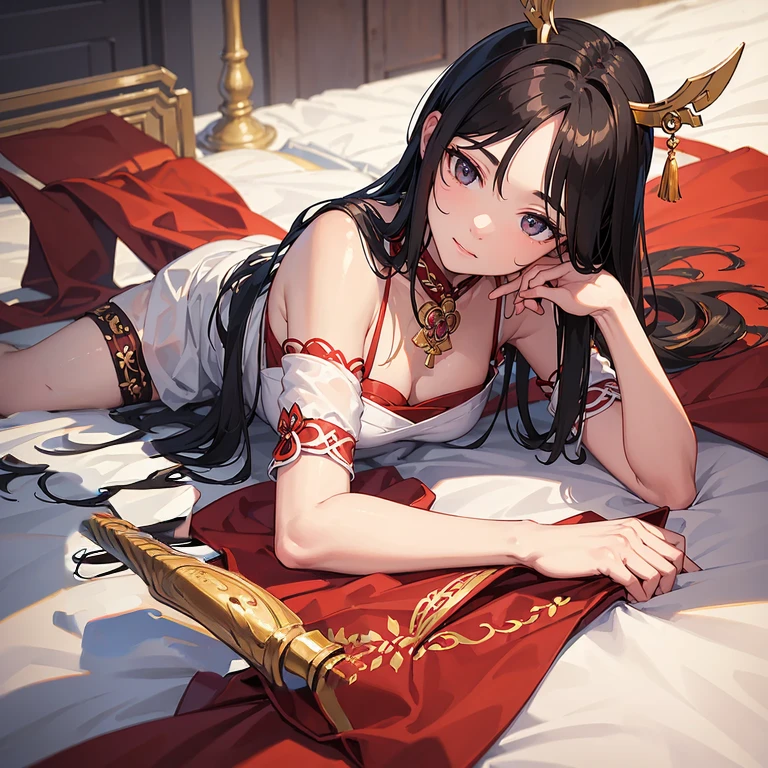 ((best quality)), ((masterpiece)), (detailed), perfect face, yae miko, lying on the bed, pleasure expression,