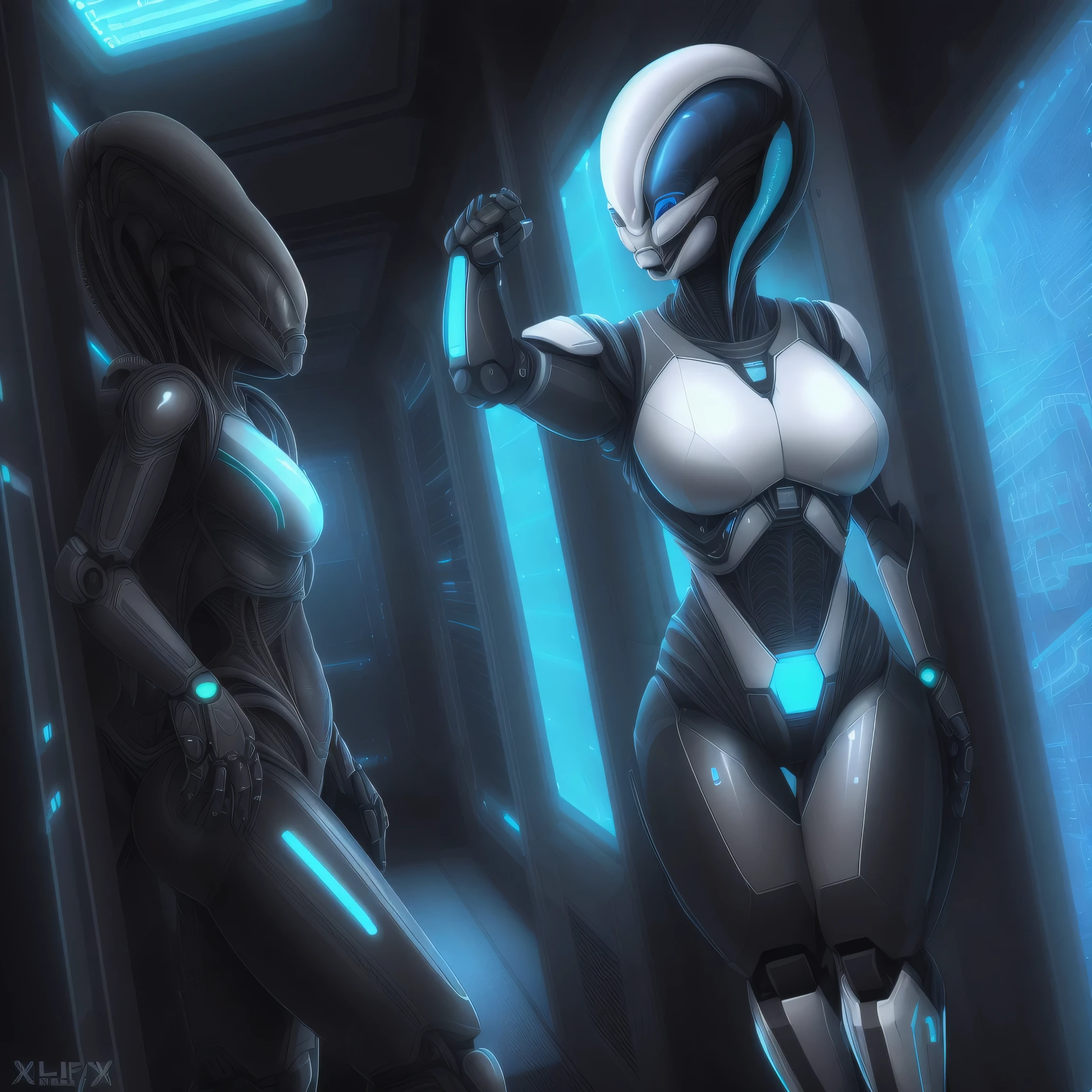 (solo:1.6), 1girl, alien woman, striped skin, (silver skin:1.4), pointed ears, glowing blue eyes, female, buff, muscular, huge breasts, highly detailed eyes, Amazon, (white latex bodysuit:1.6), (heels), cleavage, standing upright, full body, smiling, friendly, looking at viewer, realistic lighting, by darkgem, by wfa, by bng,