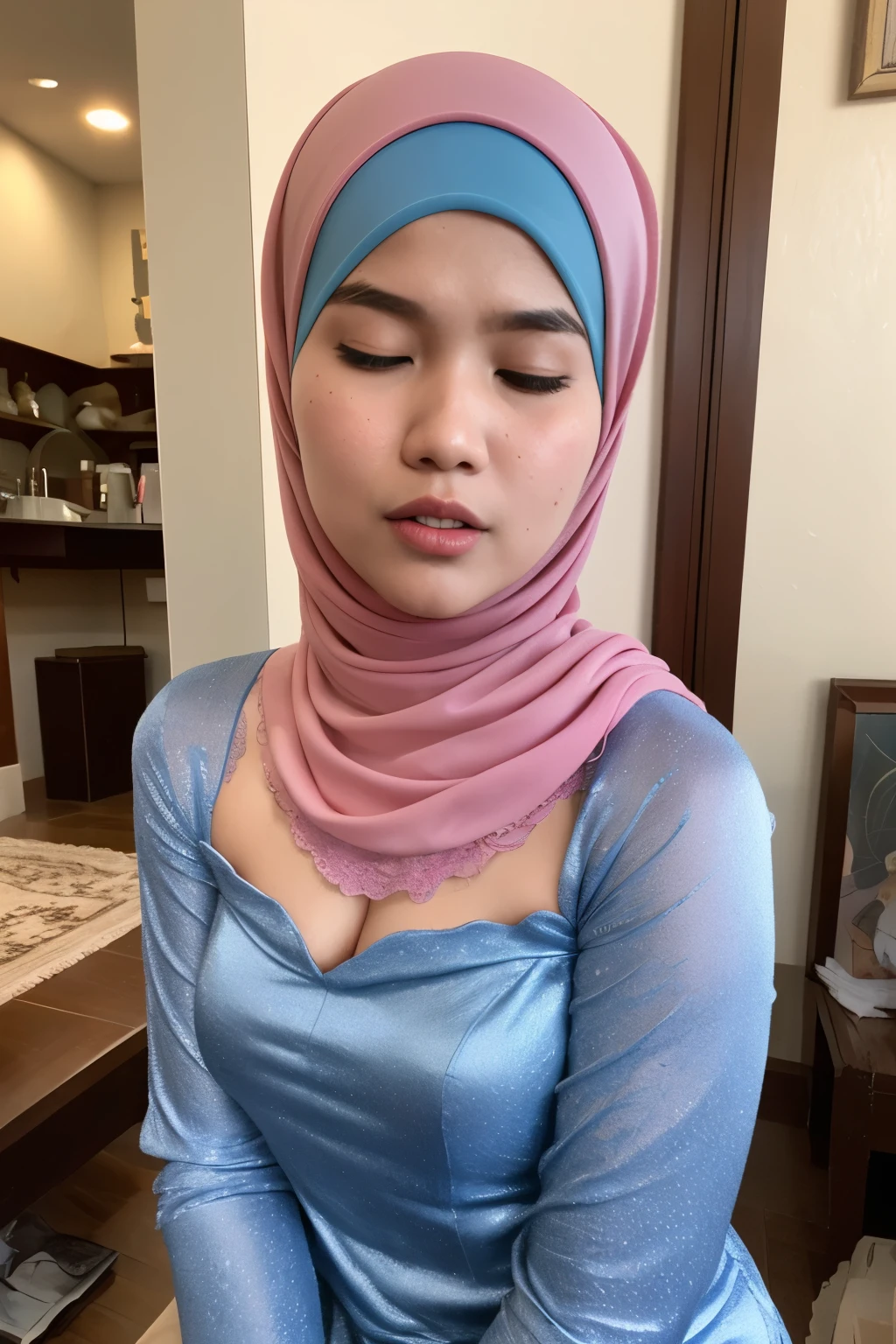 ((Colourful)), ((Big Tits:0.1)), ((Flat Chest:1)), Wear kebaya coats and act like Rosyam, ((Closed Eyes)), ((Strapless Colourful bra Flat Chest)), Naked, Angry pose, Angry face, (((HIJAB MALAY GIRL))), masutepiece, High quality, UHD 45K, Realistic face, Realistic skin feeling , A Japanese Lady, 8 , , Very cute and baby-like face, (((FLAT CHEST))), (MATRIX WORLD), ((look In front  at the camera and SADNESS)), ((())), (((CUTE GIRL))), ((PASTEL LIPS)), ((SATIN LACE)), ((CHUBBY)), ((UNDRESS)). Brown, Flat Chest, Wearing G-String. Sitting, from behind view up, seductive pose, (Small face)