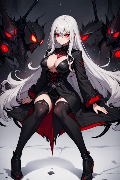 female, silver long hair with black highlights, red eyes, (((1girl))), (((black gothic coat with red spiders))), arachne, spider legs, cute and sexy, full body, large breasts