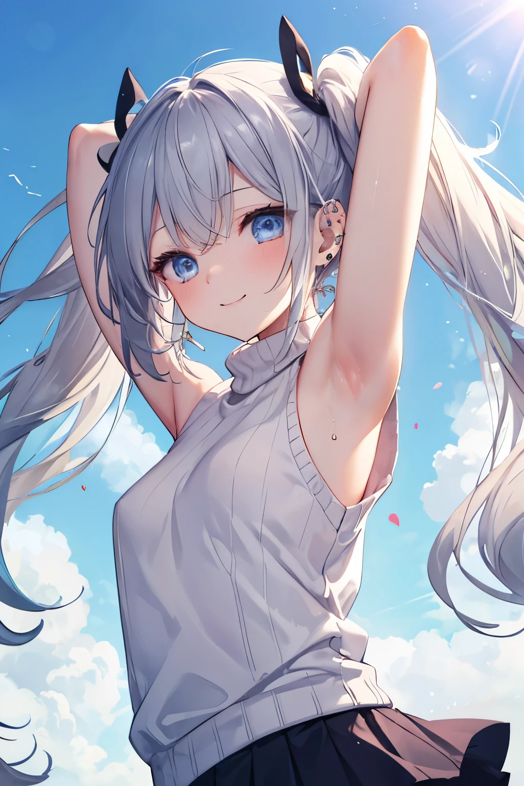 Silver-haired blue eyes、 girl、Small breasts、Twin tails、Laughter、Nico Nico Smile、Wink、 girl、Looks about 15 years old、Petan Musume、short、There are highlights in the eyes、Gal-like appearance、Wearing piercings、Knit sweater, sleeveless, body line, underarm、mini skirt、The wind is blowing and my panties are showing through my skirt、It was so hot that I sweated、blue sky、Light and cute、Show your armpits、Side view