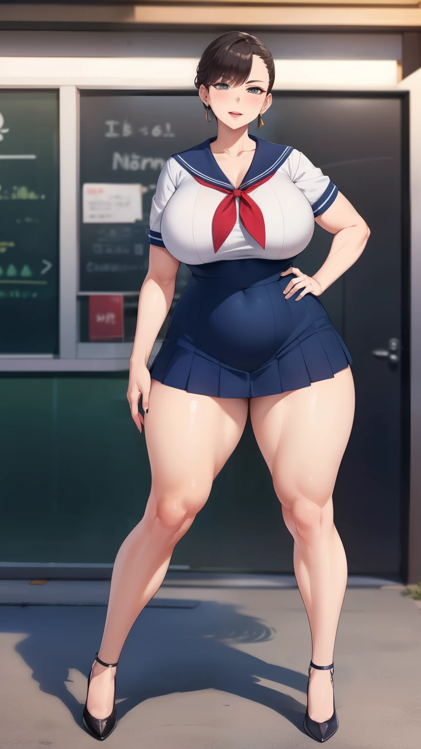 Large Breasts, Big Hips,Full Body Shot, Mature mother, Whipping the lower body, plump thighs, Ample calves, Seductive mature woman, Perfect body, Plus Size Model,high school girl,Sailor suit, The skirt is short,Mature woman wearing Sailor suit,