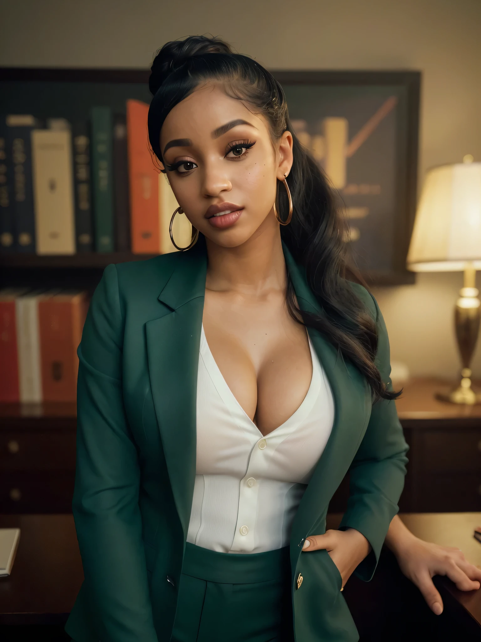 Foto hiperrealista en primer plano de Cardi B, masterpiece, best quality, (photorealistic:1.4), full body, (classy corporate outfit, white shirt, dark green blazer and pants:1.3), black long loose curls in a sophisticated high bun, sexy posing on a desk in a fancy office (afterwork:1.1), posing powerfully, neons, cinematic light, beautiful woman, skinny, (large D-cup breasts:1.3), perfect body, detailed face, slutty face, looking straight at the camera, photo taken from a distance (close-up, editorial photograph of a lightksin stunning woman), (highly detailed face:1.4) (smile:1.2) (background inside dark, moody, private study:1.3) POV, by lee jeffries, nikon d850, film stock photograph ,4 kodak portra 400 ,camera f1.6 lens ,rich colors ,hyper realistic ,lifelike texture, dramatic lighting , cinestill 800,