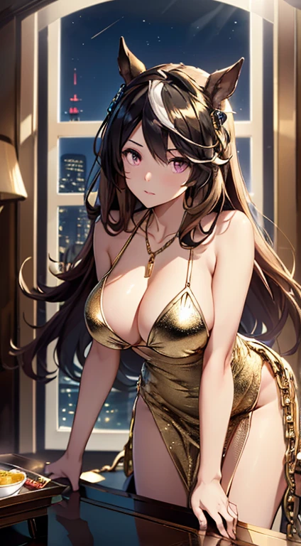 top-quality、Top image quality、symboli rudolf \(umamusume\)、​masterpiece、girl with((20yr old、Best Bust、big bast、Bust 85、Breasts wide open、A slender、Large valleys、Gold Bikini、Gold Dress,Leaning forward、Reflecting the whole body)）hiquality、Beautiful Art、Background with((Luxury Hotels、Golden Chain、Window with night view)))masutepiece、visualart、depth of fields、