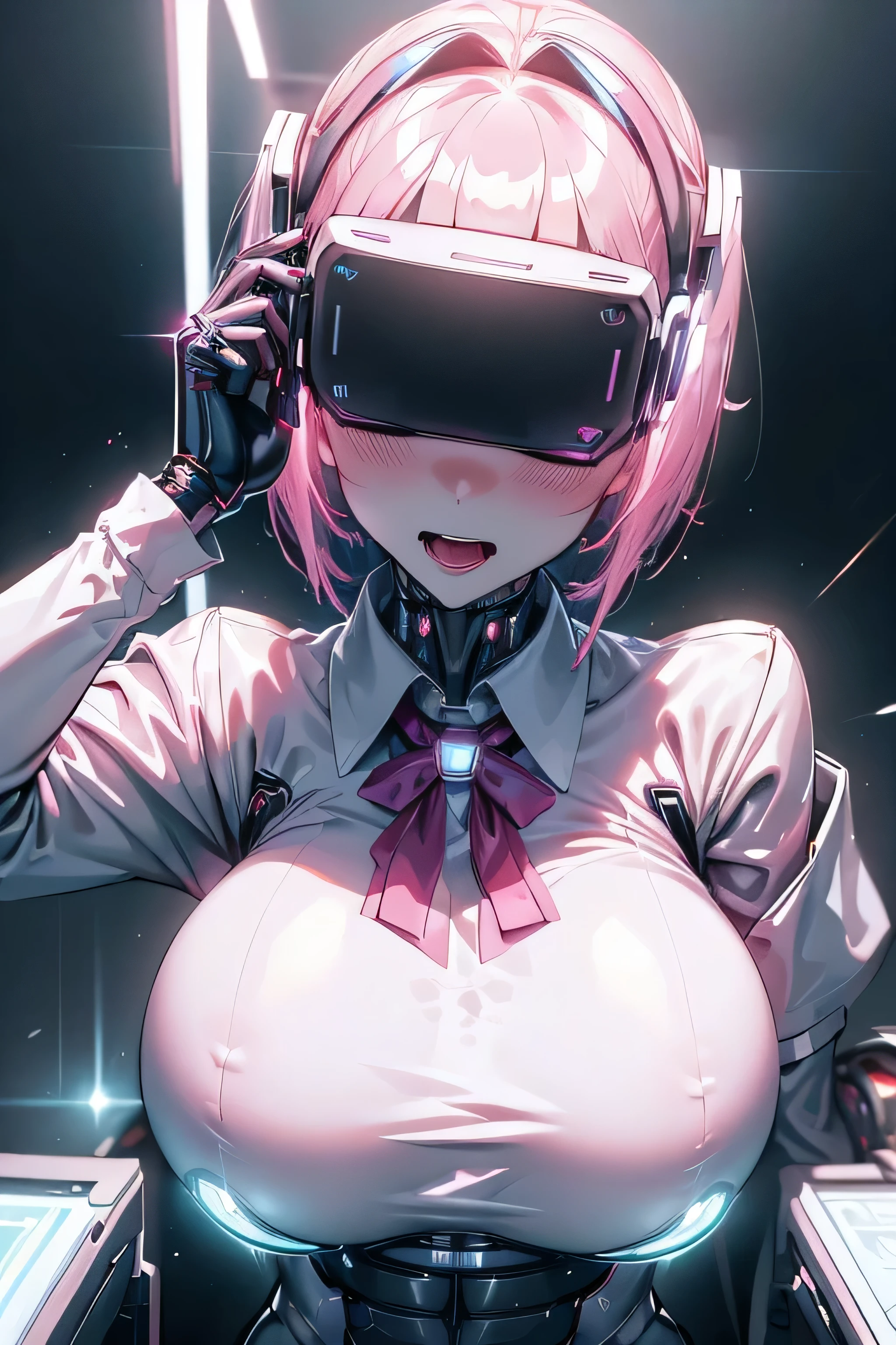 Anime cyborg girl sitting in a pilot seat wearing a virtual reality headset covering her eyes on her face with machinery and tubes and wires going inside her head and brain, (Best quality,highres:1.2), ultra-detailed, (realistic:1.3), cyberpunk, futuristic, portrait, shiny revealing latex outfit, cyber implants, virtual reality, drooling face, cables plugging into brain, shirt collar, bowtie, formal clothing, open mouth smile, facing viewer, girl is vibrating, glowing virtual reality headset, relaxed expression, blushing, cyber future formal wear, cyberpunk, futuristic, brain drain, cyber implants, virtual reality, drooling face, virtual reality headset covering eyes, , big collar, high collar, open mouth smile, pleasured face expression, skin tight clothing, big shirt collar, big bowtie, biggest in the world, light-emitting cable connected to brain, head antennas, oversized headphones, breastsbrating, open mouth drooling, blank expression, red face blush, cyborg, android, mechanical creature, mechanical torso, futuristic cyberpunk cyborg body, slim futuristic android, glowing lights on girls body, power cells, head is emitting pink light, formal shirt collar, big formal bowtie, , glowing nipples, big sllar, high collar, white collar, electrocution, girl being electrocuted, electricity, electricity sparks, pink hair, short hair, neon pink hair, body modification, orgasm, pleasure, (VRet covering the eyes), vibrating breasts, vibrating girl, inibration, glowing nipples, lightbulb nipples, girl wlarge VR headset, geyes, blank eyes, focused face expression, buttoned up white dress shirt, formal shirt withe collar