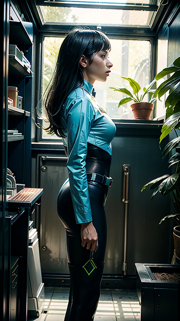solo female priestess, female beautiful perfect body, corporation corporative tight style, bright, futuristic, fullbody, uniform sexual dark-blue dark-green red tights, white sunlight rays interior lab high tech with plants beautiful futuristic, face profile sweet cute perfect, soviet poster epic positive style, super detailed, masterpiece, hq, 4k, high detalisation, sexual positive fun, semitransparent, side view walk