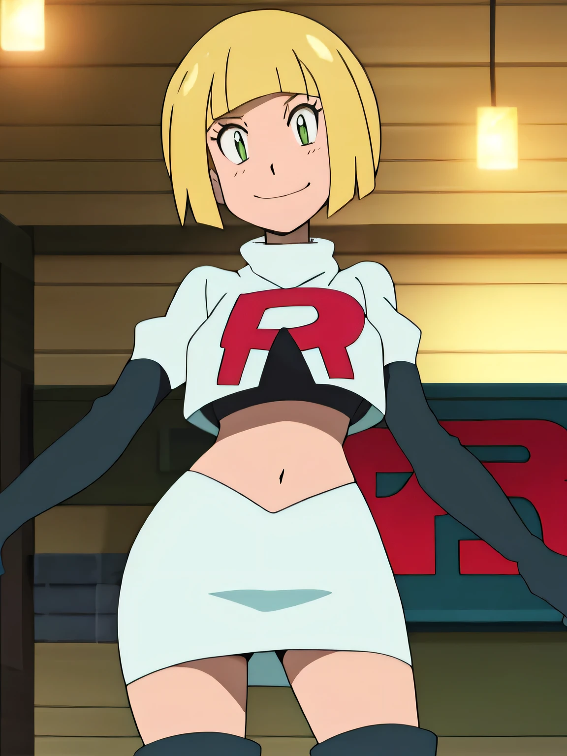 (best quality,4k,8k,highres,masterpiece:1.2),ultra-detailed,realistic,photorealistic:1.37, vibrant colors, studio lighting, bokeh, portrait,toga himiko,team rocket, team rocket uniform, red letter R, seductive smile, white skirt, white crop top, black thigh-high boots, black elbow gloves,zettai ryouiki