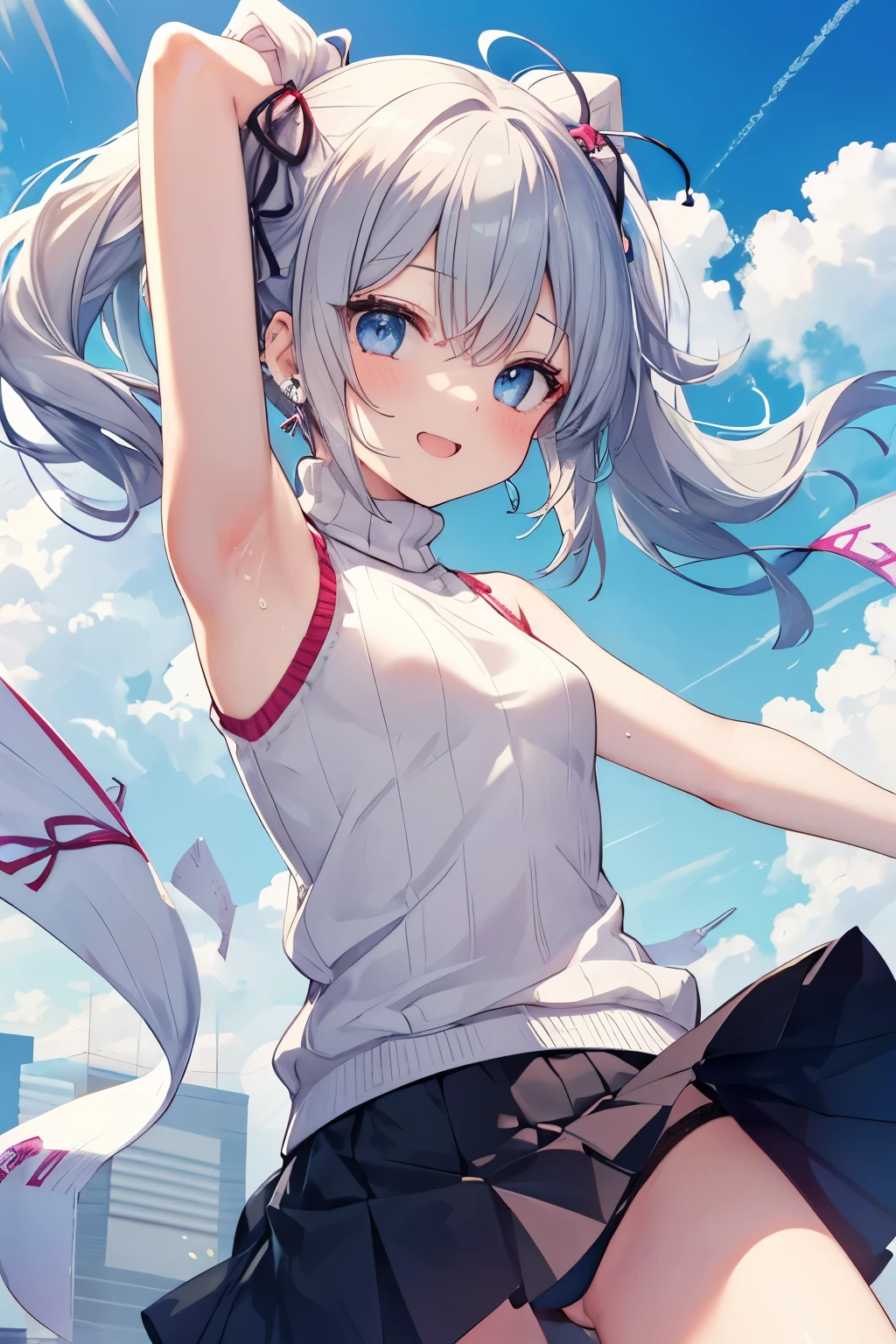 Silver-haired blue eyes、 girl、Small breasts、Twin tails、Laughter、Nico Nico Smile、Wink、 girl、Looks about 15 years old、Petan Musume、short、There are highlights in the eyes、Gal-like appearance、Wearing piercings、Knit sweater, sleeveless, body line, underarm、mini skirt、The wind is blowing and my panties are showing through my skirt、It was so hot that I sweated、blue sky、Light and cute、Show your armpits、Side view