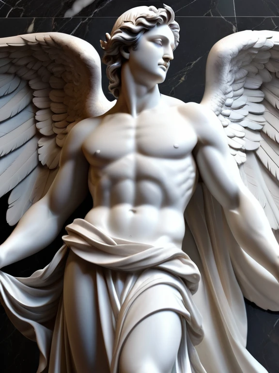 (masterpiece:1.4, best quality), (intricate details), unity 8k wallpaper, ultra detailed, beautiful and aesthetic, 3D model sculpture of a man the angel , made of marble, ethereal robes, wings