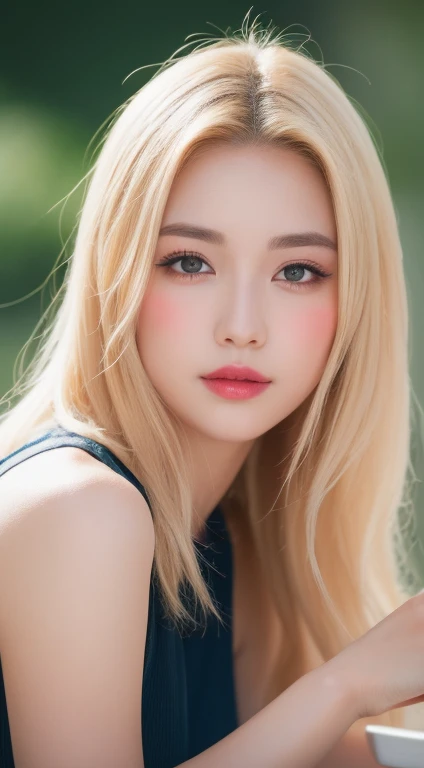 Highly detailed CG Unity 8k wallpaper, with the highest quality, masterpiece, Practical, Photo-realistic, Very detailed cute girl, 21. age, (sleeveless) , shorts, (blush) , Round eyes, Pretty big breasts, Viewers, Cowboy shooting , they want , , OK_head、Blonde hair、漸層head髮、iridescent eyes、Golden eyebrows、Gold eyelashes、Pink lips,front