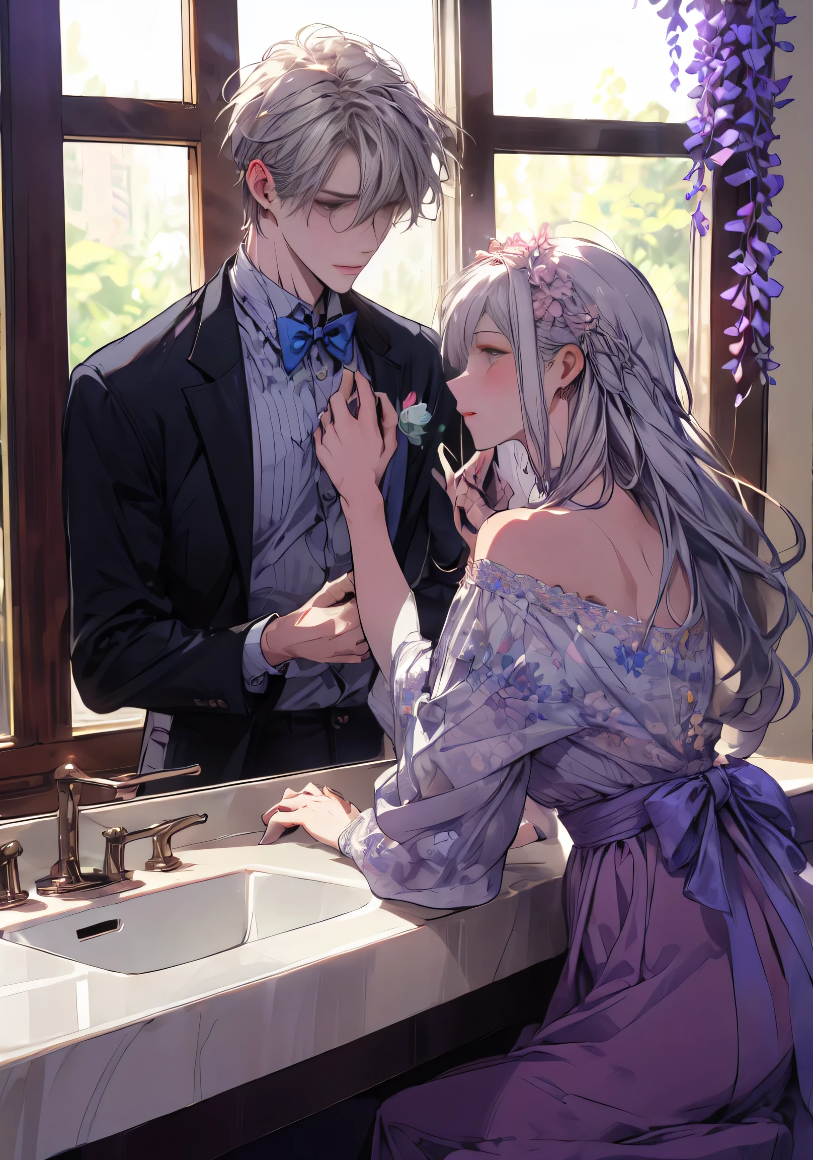 ((Absurd, taller than, Ultra HD)) 1 male, 1 female,mature, Kiss each other, Girl sitting at the sink, The man stood in front of her、Bend slightly towards her, The man is shirtless, Wearing blue jeans ,woman wearing beautiful pink dress, Wisteria flowers blooming all around, beautiful, landscape, romantic,((calm and romantic expression:1.2)) ,Pixiv, Digital Painting, Manly men, beautiful elegant woman, (Stylish grey hair for men), (Women's long brown hair)