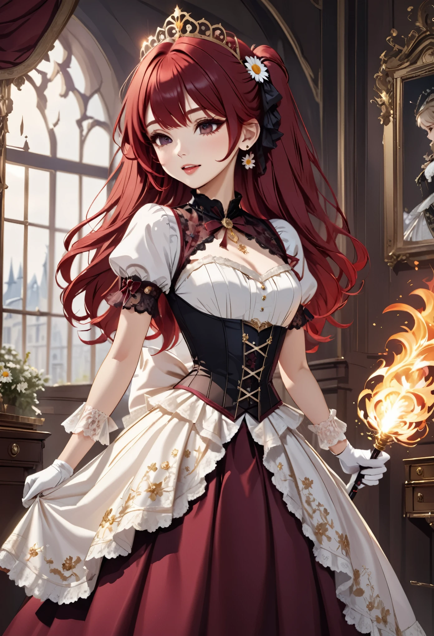 (best quality,4k,8k,highres,masterpiece:1.2),ultra-detailed, Pretty 15 years old princess, drawn in anime style, is cute and happy, long red pigtails hair, pink eyes, small breast, makeup and lipstick, steampunk, red and white ball gown with puffy sleeves, physically-based rendering,gorgeous frilly dress design,flowing gown,elaborate lace details,rich textures,contrast stitching,delicate ribbon bows,floral accents, daisy flowers embroidery, full skirt,short sleeves,fitted waistline,flared cuffs,lace-up back,luxurious fabrics,flawless silhouette, petticoat, bloomers, bustle, corset, hair ribbons, white elbow gloves, ruby earrings and necklace, gold tiara, high heels, wielding a fire magic wand, standing in castle bedroom, highly detailed, 4K.