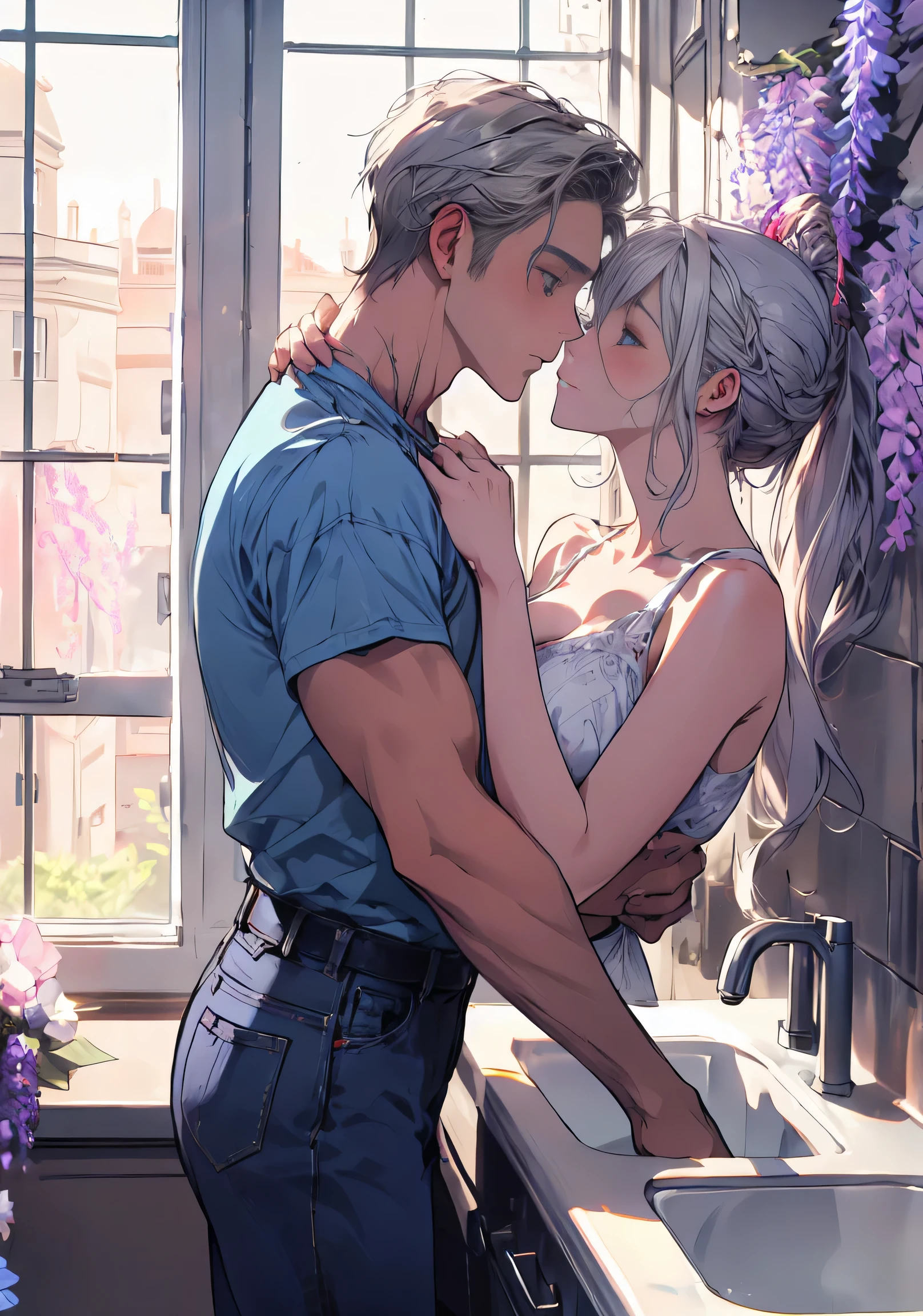 ((Absurd, taller than, Ultra HD)) 1 male, 1 female,mature, Kiss each other, Girl sitting at the sink, The man stood in front of her、Bend slightly towards her, The man is shirtless, Wearing blue jeans ,woman wearing beautiful pink dress, Wisteria flowers blooming all around, beautiful, landscape, romantic,((calm and romantic expression:1.2)) ,Pixiv, Digital Painting, Manly men, beautiful elegant woman, (Stylish grey hair for men), (Women's long brown hair)
