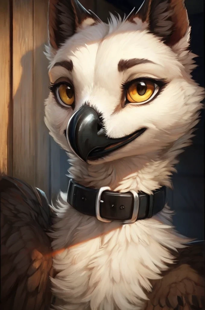 [H=" anthro_avian, female, (hawk), more_cute, 2_hawk_wings, more_slim, small_chest, hawk's_feet, two_winged_arms, half_closed_yellow_eyes, hawk's_beak, more_feathers_fur, thin, wear a collar"] h is standing close to the bird's_house entrace, close-up, inside a stable scenario, warm_light_color, high_quality, photorealistic_oil_painting, superb_feather's_quality, 