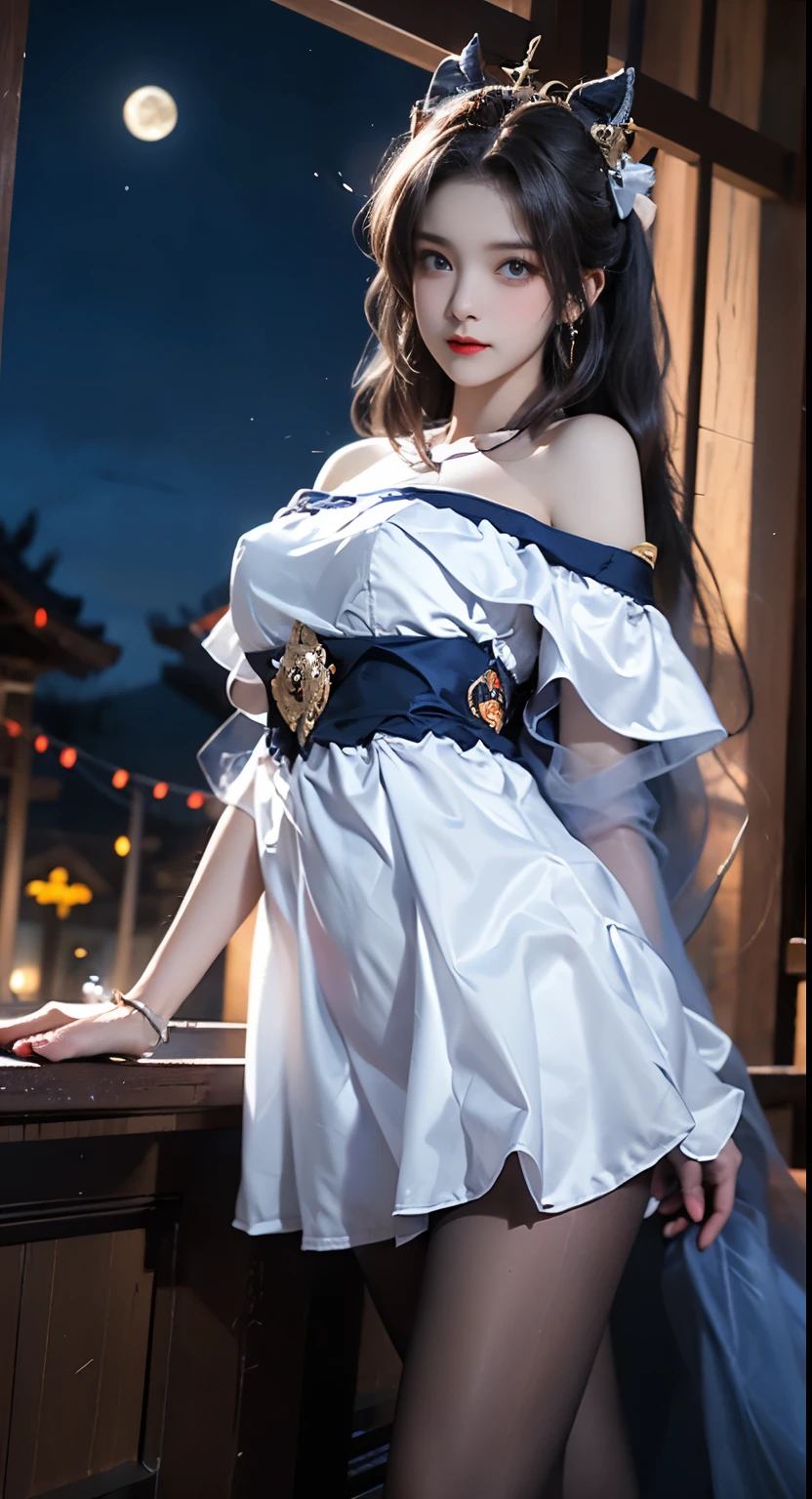 ((masterpiece)) Under the moonlight、A beautiful woman in her twenties who looks like a fairy wearing a white off-the-shoulder short dress。 Skin as clear as porcelain。Beautiful Legs Pantyhose。(Transparent and glossy light gray pantyhose),(All-through pantyhose for Race Queens),With brown hair as smooth as a waterfall ((bangs) )、((Viewer Perspective))、Her face is like a fairy in the sky。Eyebrows like a crescent moon。Dark Eyes。double eyelid。Her eyes are starry, clear and intelligent.。 In this transparent space, she seems like she is not of this world.。 Her beautiful face is somehow sad、It seems to speak of thousands of years of loneliness.。 The moonlight falls on her body。 A mysterious beauty, as if wrapped in a veil of light。 彼女の美しさはpeople々attracts。 people々I can't help but want to take a closer look.。 Enjoy the fantastic view of the goddess of the moon palace.。