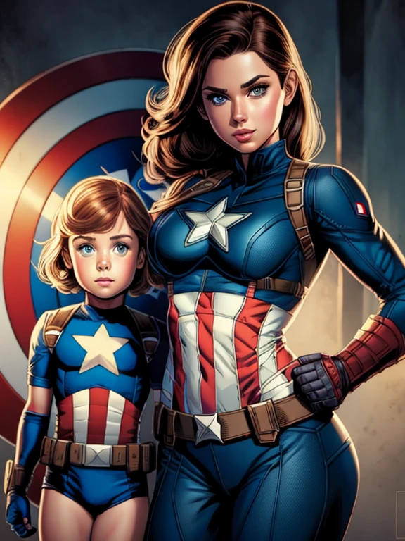 4k, comic babes, Captain America with Kids, highly detailed digital artwork, highly detailed colors, highly detailed digital art