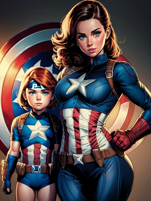 4k, comic babes, Captain America with Kids, highly detailed digital artwork, highly detailed colors, highly detailed digital art