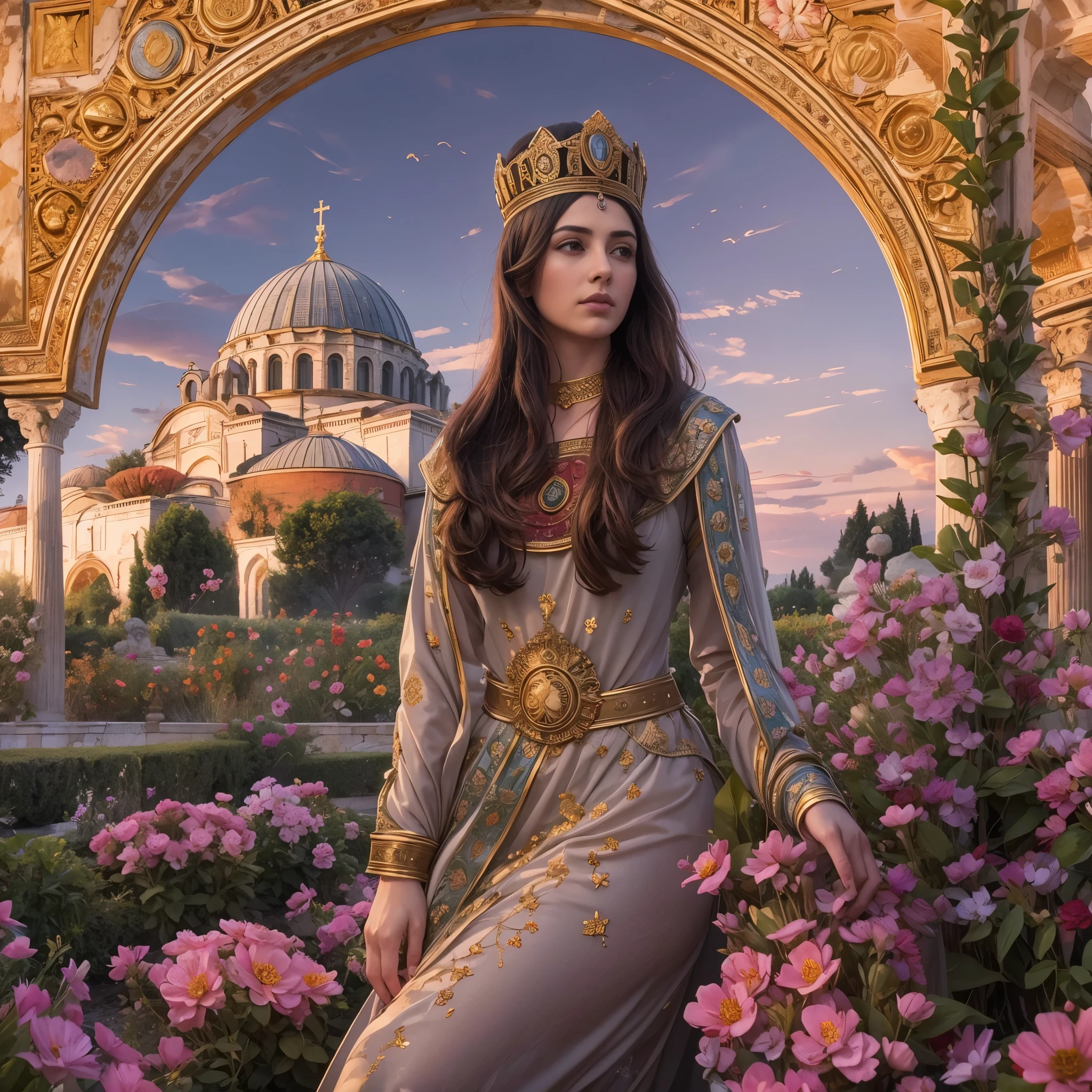 Masterpiece, In 527 AD, Theodora, the ambitious spouse of Emperor Justinian I, stands elegantly at 28 years old in the beautiful gardens of the Byzantine palace in Constantinople. As dawn breaks, the silhouette of the magnificent Saint Sophia Cathedral, untouched by minarets, graces the horizon. The air is perfumed with the scent of blooming flowers. The sunrise bathes the scene in a soft light, accentuating Theodora's noble gaze and poised demeanor, 16K, ultra high res.photorealistic, UHD, DSLR, RAW, natural light, wide angle, depth of field