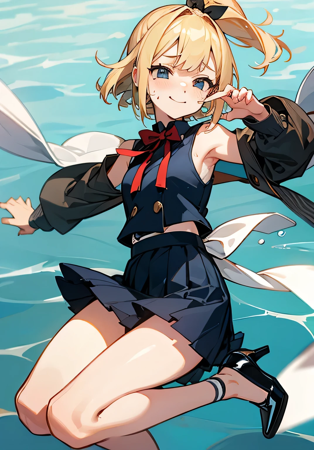 {best quality},Drowning in the sea, suffering、scared、wince、A painful, painful look、14 years old、Blonde Bob、Thin and long ponytail、Ribbon hair fastening、Patsun bangs、Small breasts、bangs、High heels、sleeveless suit jacket、mini-pleats-skirt、playful smile、face、close-up