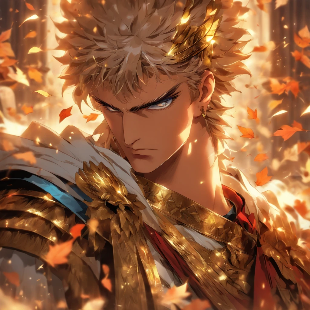 Reincarnation of the Roman emperor Constantine the Great, wearing a suit, eyes that shine brightly like the eyes of a lion, eyes sharp like an eagle, a gentle smile, a calm but cool-headed, ambitious, aura of a ruler, a first-class politician, tall, strong, Rome background, autumn, maple leaves,masterpiece。top-quality。Super beautiful。The ultra -The high-definition。detaileds。exquisite。(masutepiece, Digital Art, Digital Illustration, 4K, 8K, Ultra-detailed, beautiful image, Sharp Image, Photorealistic, Raw photo, Perfect face, Perfect lines, Perfect eyes, Soft lighting)