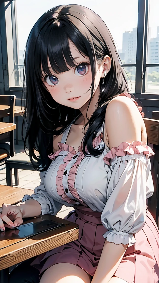 ((highest quality)), ((masterpiece)),High resolution (High Dynamic Range),Ray tracing, Super Resolution, (((anime screencap, black outline, Written boundary depth , written soft outline))), blur, bokeh, Maximum clarity and sharpness,Multilayer Texture,surface shading,Accurate simulation of light-matter interactions,Perfect Proportions,Two-tone lighting, White balance,8KOnly one woman, BREAK beautiful hair, Beautiful Face, Beautiful and beautiful eyes, Beautiful body, Beautiful breasts, Beautiful thighs, Beautiful feet, Beautiful fingers, (Beautiful views) , breast enlarged, large breast, perky tits, (blush, 20 years, seductive adult woman , anime gyaru , Narrow eyes) , brown eyes , brown hair, streaked hair, piercing, hair intakes, ear piercing, colored inner hair, very Long Hair, twin-braid, (((light pink)) High-Waist-Pleated-long-Skirt:1.3), (\(light green floral blouse with detailed-ruffles\):1.5, cropped-shoulder:1.3, Puff-Sleeve:1.3 ,oversized-blouse:1.3), BREAK (((portrait, close up, cowboy shot, looking at viewer, \(face waiting for kiss\):1.3))), ((breast on table:1.3)) BREAK (sitting, a girl relaxing in a cafeteria:1.3, book and coffee cup on table, Inside a crowded cafe),