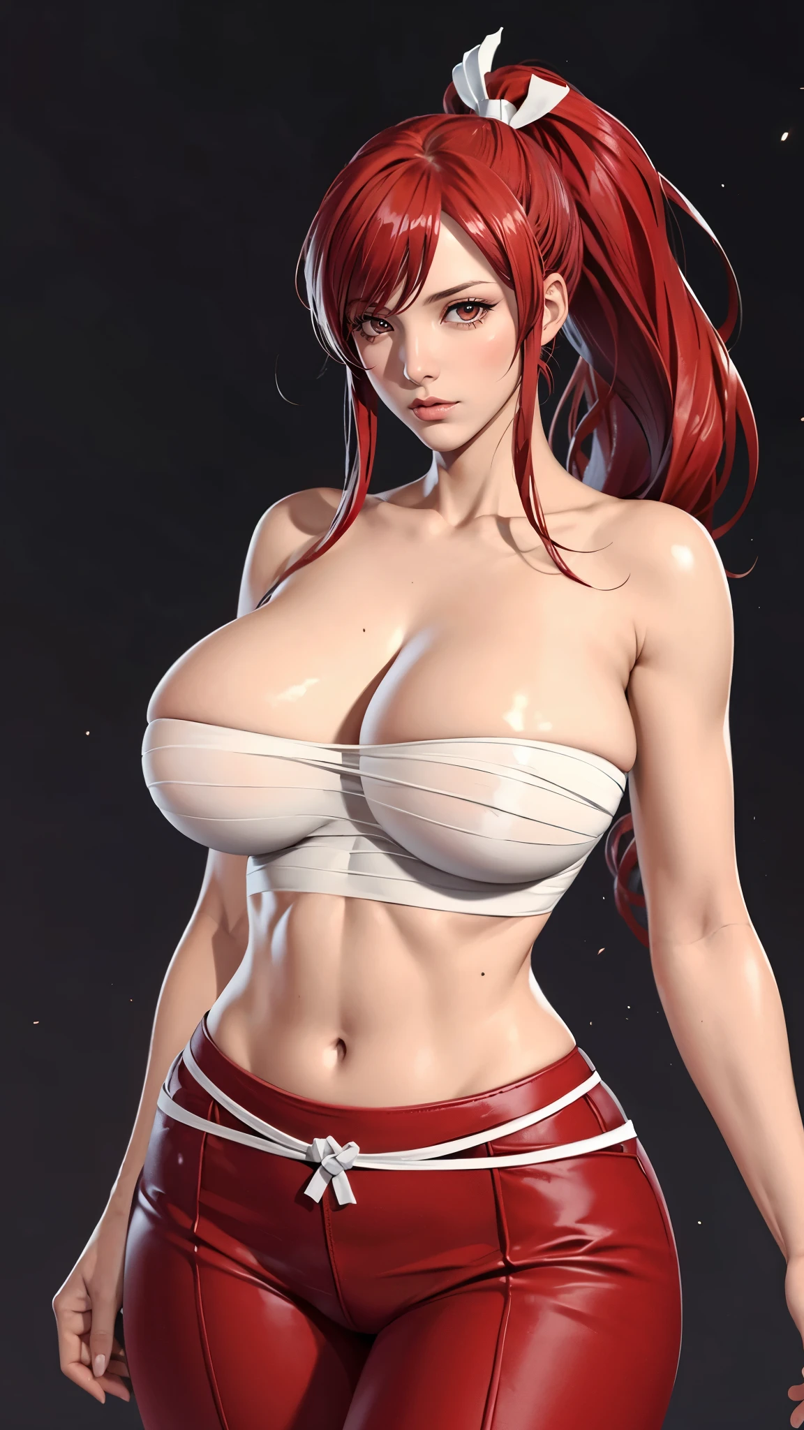 （（（完美figure，figure，solo， （（（collarbone,  sarashi, bandage,  arms, midriff, red hakama, red pants ））），（（（fairy tail, long hair, red hair, ponytail, white ribbon, hair over one eye, brown eyes, ））），((masterpiece)),high resolution, ((Best quality at best))，masterpiece，quality，Best quality，（（（ Exquisite facial features，Looking at the audience,There is light in the eyes，(（（lol，confidence））)，））），型figure:1.7））），（（（Light and shadow，））），（（（Looking at the camera，black background，）））