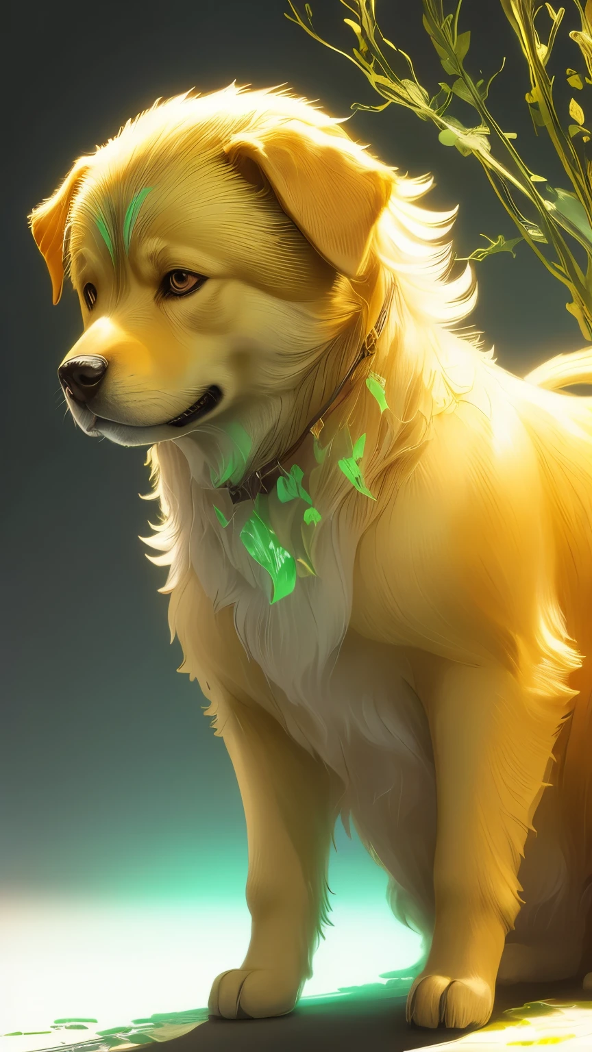 A dog))，Golden，green，vein，Glass texture， Gradient translucent glass melt, Caustic lines, clean，Detailed Texture