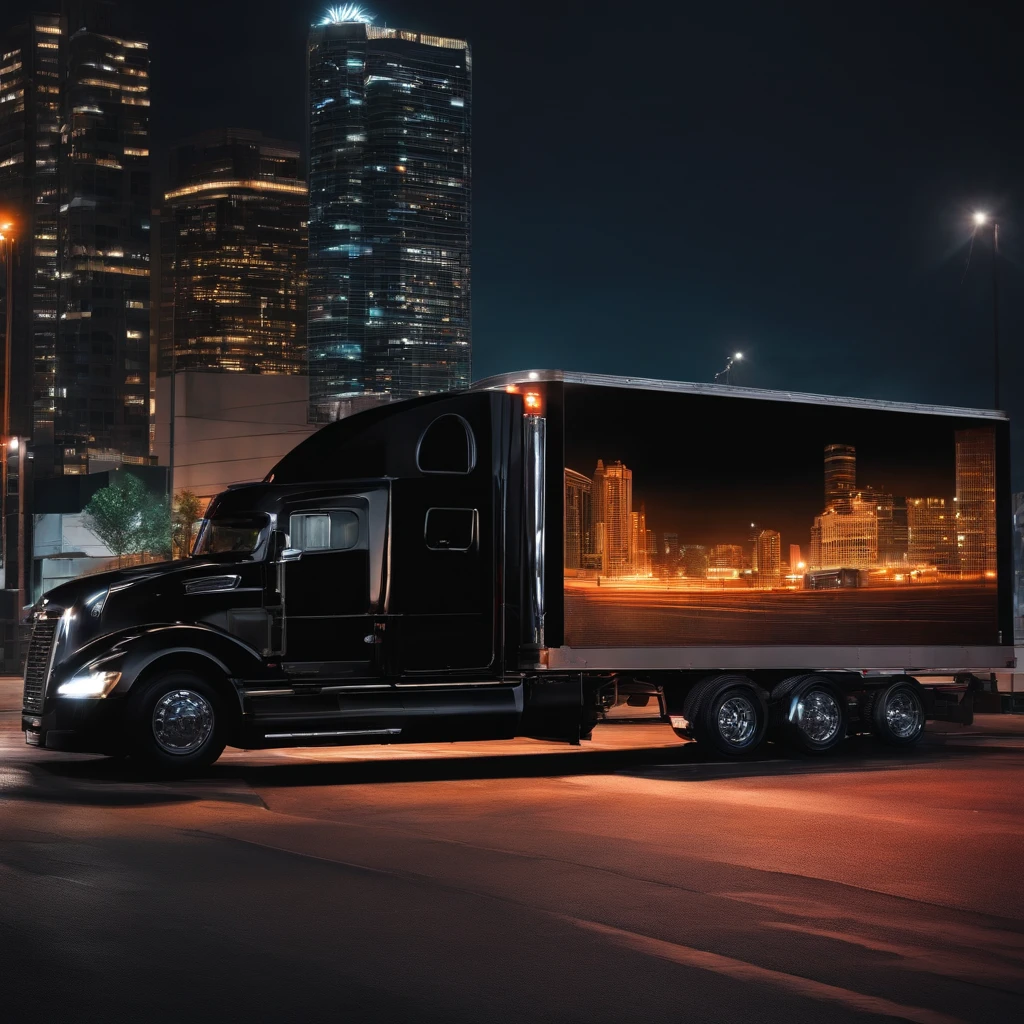 1truck trailer head, black cover set, black mirror, at night background zoom out buildings,
