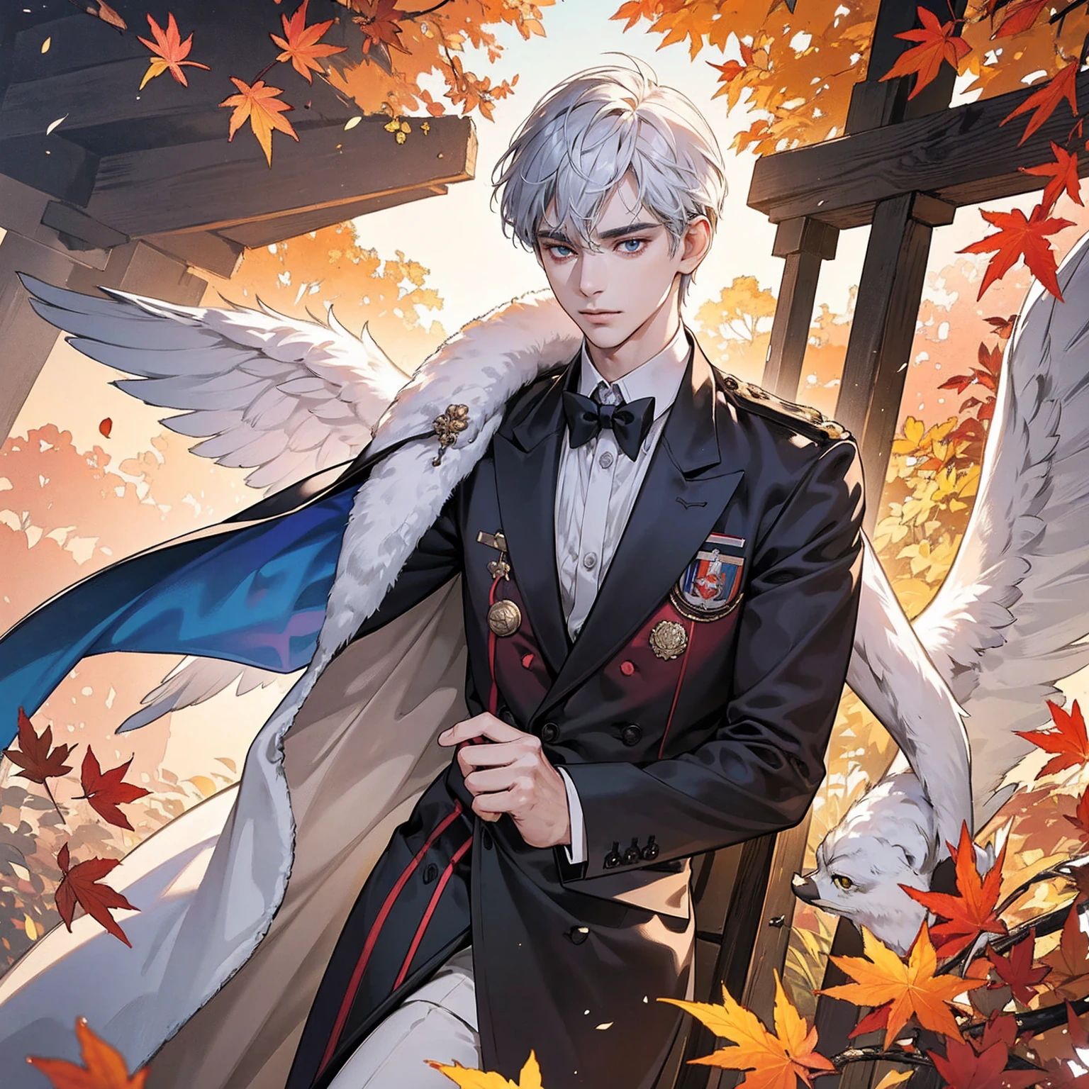 Reincarnation of the Roman emperor Constantine the Great, wearing a suit, eyes that shine brightly like the eyes of a lion, eyes sharp like an eagle, a gentle smile, a calm but cool-headed, ambitious, aura of a ruler, a first-class politician, tall, strong, Rome background, autumn, maple leaves,masterpiece。top-quality。Super beautiful。The ultra -The high-definition。detaileds。exquisite。(masutepiece, Digital Art, Digital Illustration, 4K, 8K, Ultra-detailed, beautiful image, Sharp Image, Photorealistic, Raw photo, Perfect face, Perfect lines, Perfect eyes, Soft lighting)
