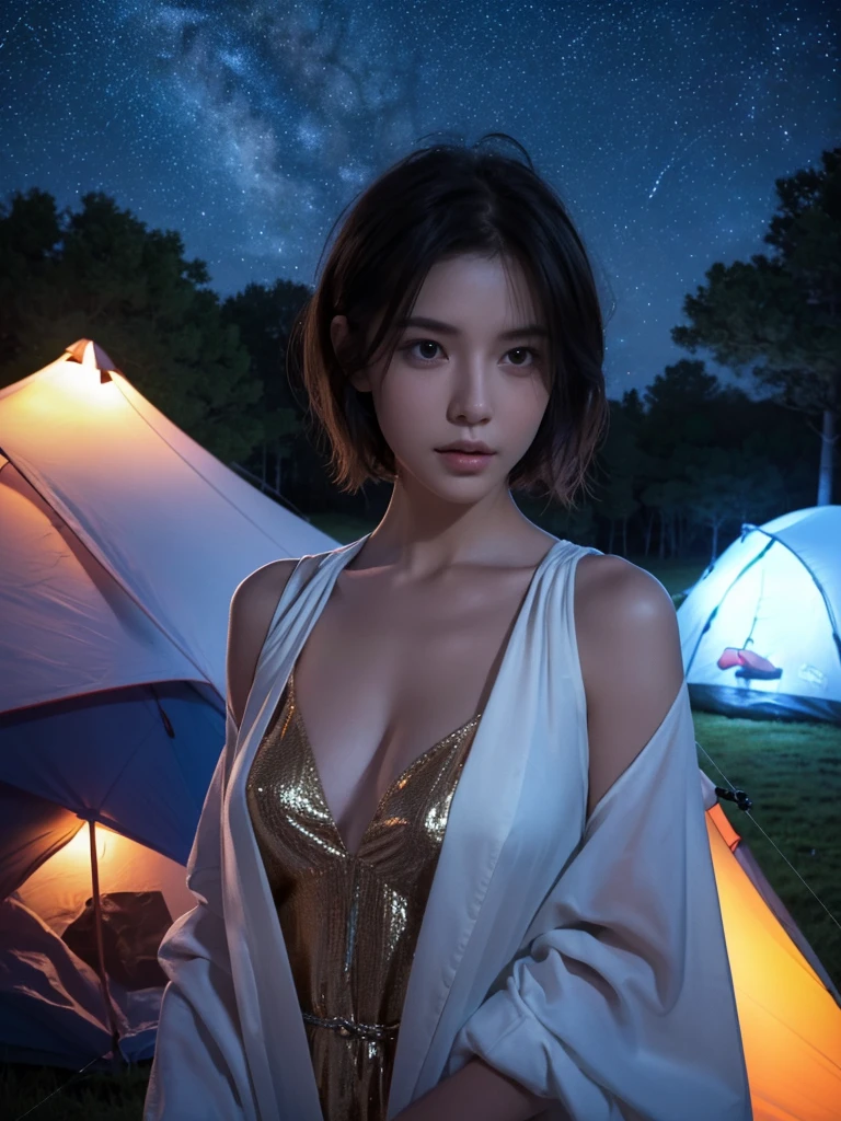 best qualtiy, tmasterpiece, Ultra-high resolution,(realisticlying:1.6), RAW photograph, 1girl, mid body, in the darkness nigth, deep shading, low tune, cold light, looking to the camera, Sexy look, short detailed hair, outdoor at night, starlight sky background, camping tent,