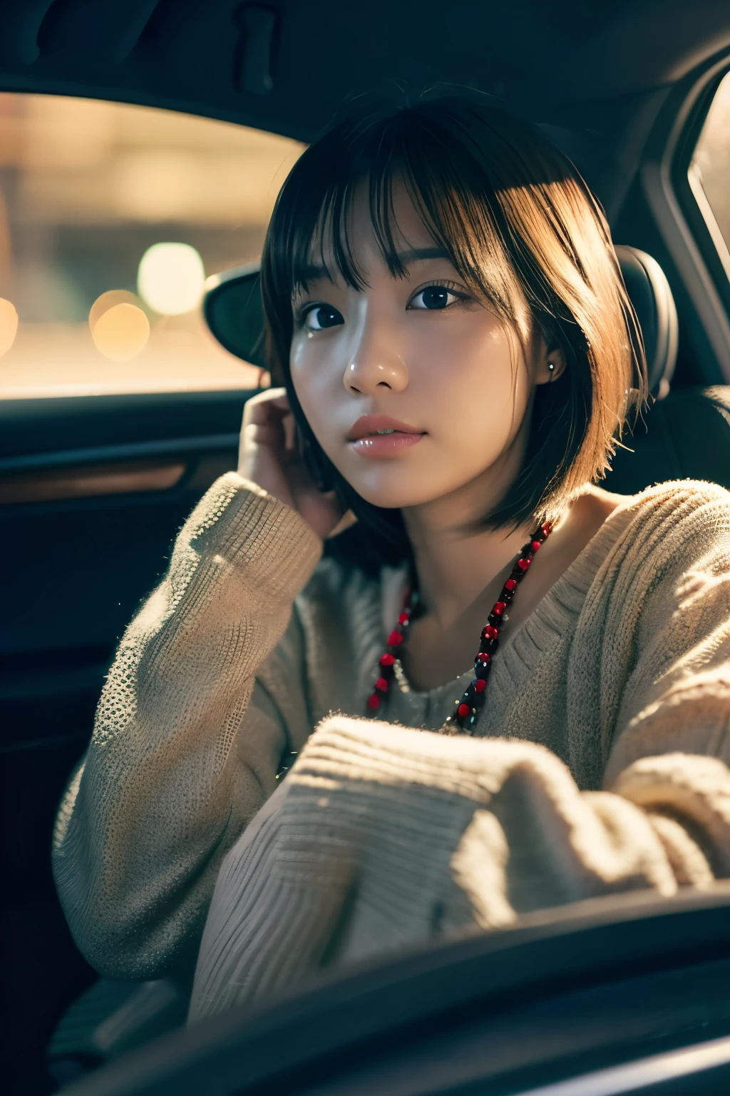 8k, RAW photo,best quality,masterpiece,ultra high res,photo realistic,a photography of a beautiful girl,black eyes,cute,medium bob hair,japanese beautiful girl,>,intricately detailed,>,(Generate an image of a night drive as seen from inside a car)
Please generate an image of a woman sitting in the seat of a car. The woman should have a relaxed and content expression, as if enjoying the Test-ride event. clothing, nd the interior of the car to make the scene more vivid. The background a night