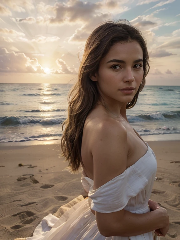 A girl lying on her side, facing the ocean, her long brown hair flowing with the breeze. She is on a golden beach during sunset, with the waves gently crashing in the background. The scene is dreamy, with a soft-focus style. Magical glowing particles float around her, and the atmosphere feels peaceful and ethereal, lit by warm orange and pink hues of the sunset.