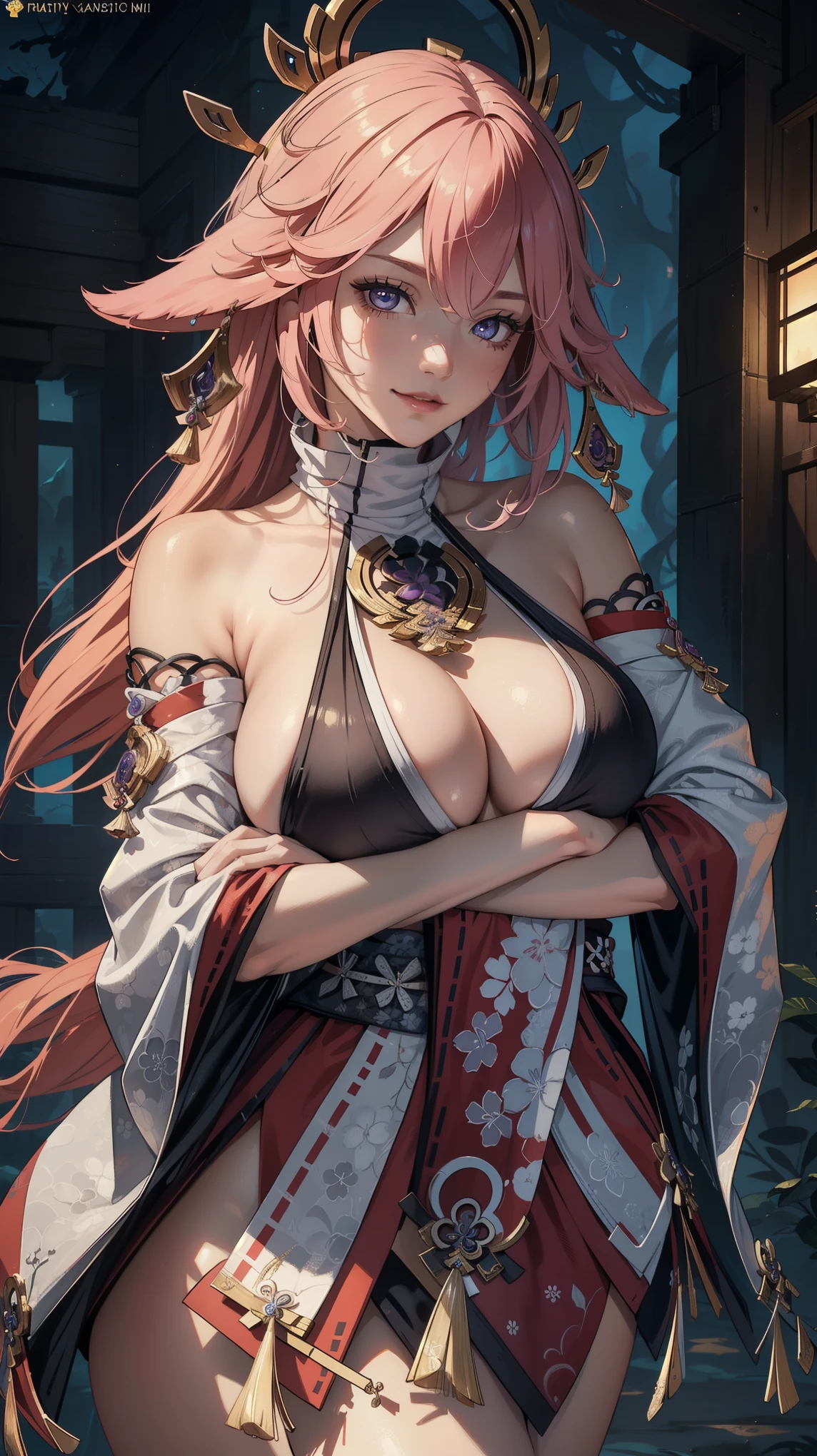 cleavage,big ,((masterpiece)),(bestquality),((ultra-detailed)), (beautiful detailed face), depth of field,detailed,((beautiful detailed eyes)), (fantasy art:1.5), ((yaemikodef)), cowboy shot, (armpits pose:1.2), body goals, perfect body, official art, gigantic breast, cute, smile,