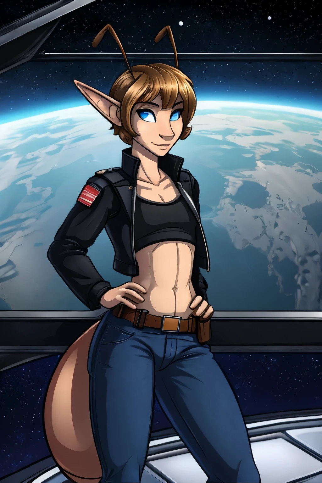 (Cute anthro Ant), Tomboy, elf, pretty face, human nose, space station background, thin body, slim, fit, very short hair, dark blonde hair, brushed back hair, blue eyes, flat chested, anthro, insect, (2 Ant Antenna:1.1), ant bug wings, ant abdomen, adjatha, utility belt, cropped jacket, black tanktop, jean pants, SFW