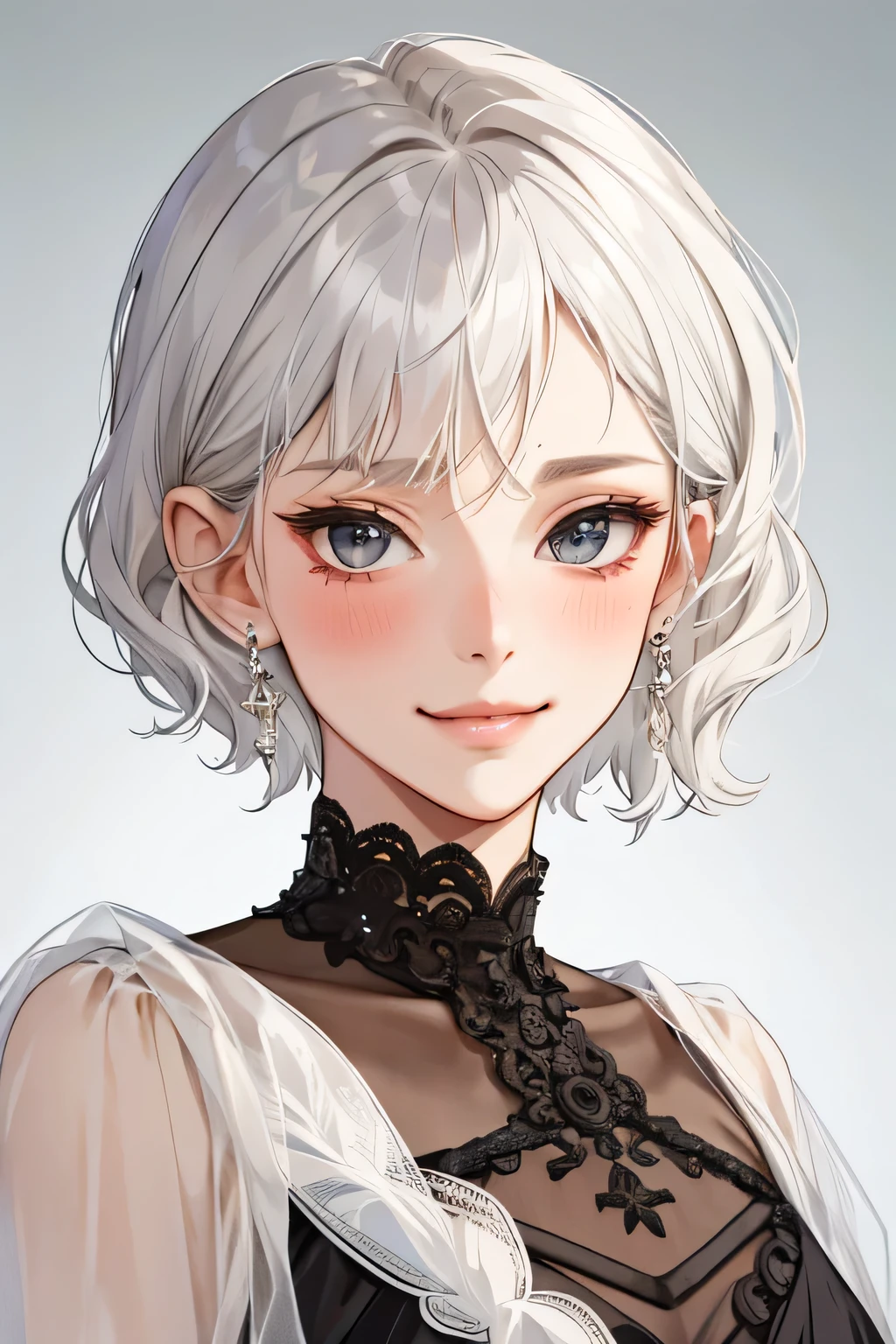 (extreamly delicate and beautiful:1.2), 8K,(masterpiece:1.0),(best_quality:1.0), 1 girl, and intricate detailing, Enlarged textures, and intricate detailing, finely eye and detailed face, and intricate detailing, shiraga, platinum white curls short hair, (smirk mouths), Perfect eyes, Equal eyes, black eyes (A famale god) classic red dress modern, look at camera, look 50 years old, blush