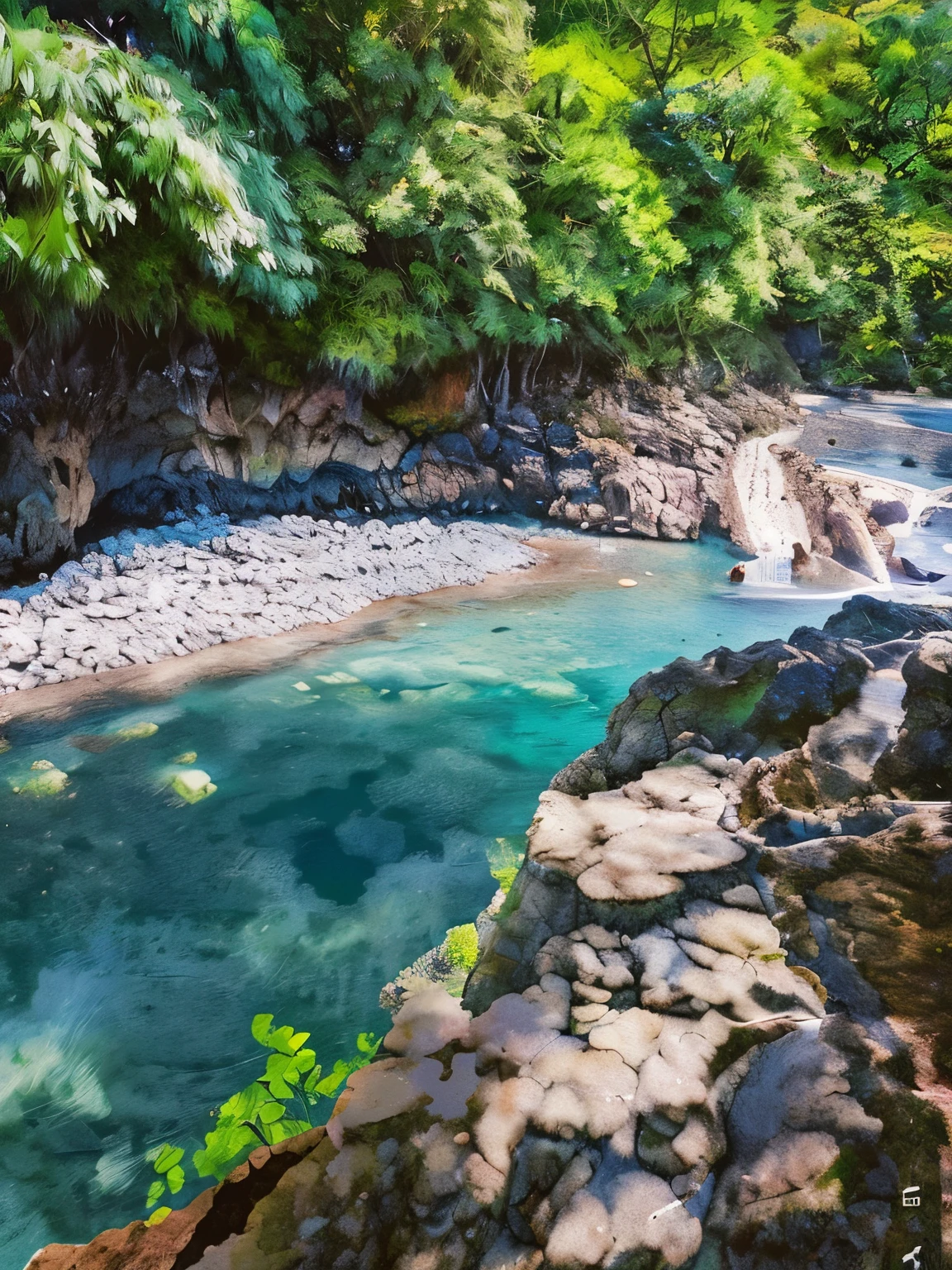 Ghibli art style illustration, stunning, blue water, vignette, fun