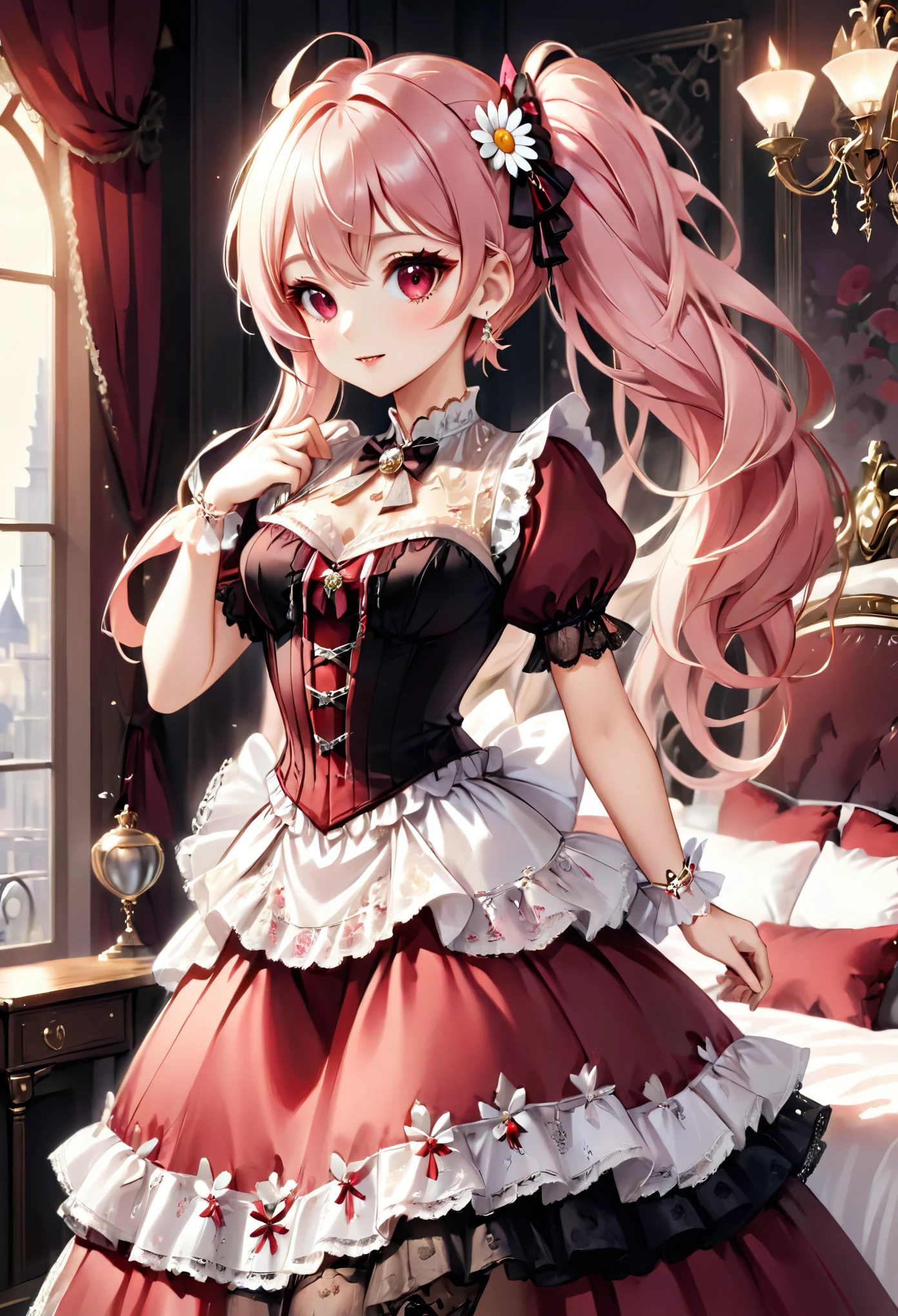 (best quality,4k,8k,highres,masterpiece:1.2),ultra-detailed, Pretty 15 years old princess, drawn in anime style, is cute and happy, long red pigtails hair, pink eyes, small breast, makeup and lipstick, steampunk, red and white ball gown with puffy sleeves, physically-based rendering,gorgeous frilly dress design,flowing gown,elaborate lace details,rich textures,contrast stitching,delicate ribbon bows,floral accents, daisy flowers embroidery, full skirt,short sleeves,fitted waistline,flared cuffs,lace-up back,luxurious fabrics,flawless silhouette, petticoat, bloomers, bustle, corset, hair ribbons, white elbow gloves, ruby earrings and necklace, gold tiara, high heels, wielding a fire magic wand, standing in castle bedroom, highly detailed, 4K.