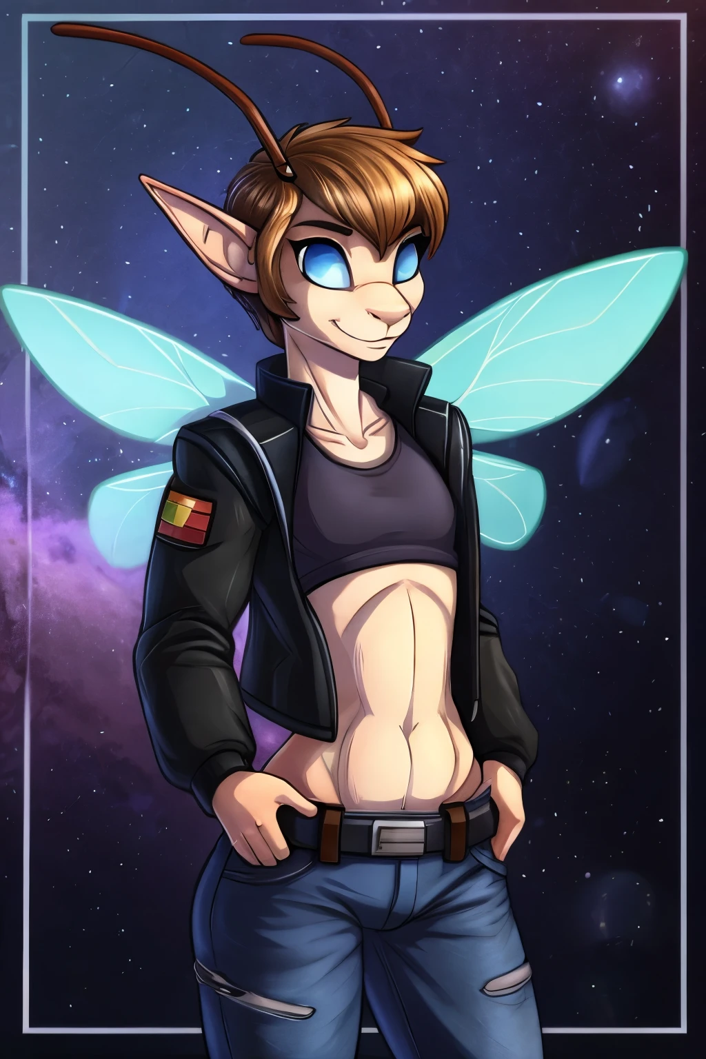 (Cute anthro Ant), Tomboy, elf, pretty face, nose, space station background, thin body, slim, fit, very short hair, dark blonde hair, brushed back hair, blue eyes, flat chested, anthro, insect, (2 Ant Antenna), bug wings, adjatha, utility belt, cropped jacket, black tanktop, jean pants, SFW