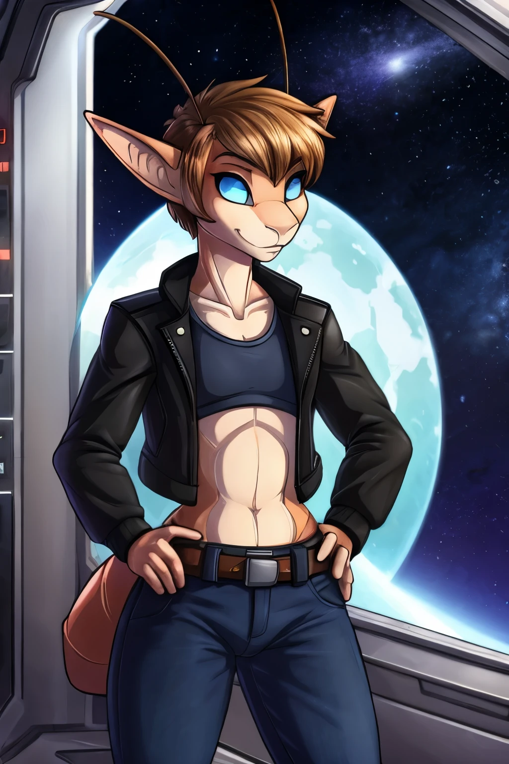 (Cute anthro Ant), Tomboy, elf, pretty face, nose, space station background, thin body, slim, fit, very short hair, dark blonde hair, brushed back hair, blue eyes, flat chested, anthro, insect, (2 Ant Antenna), bug wings, adjatha, utility belt, cropped jacket, black tanktop, jean pants, SFW