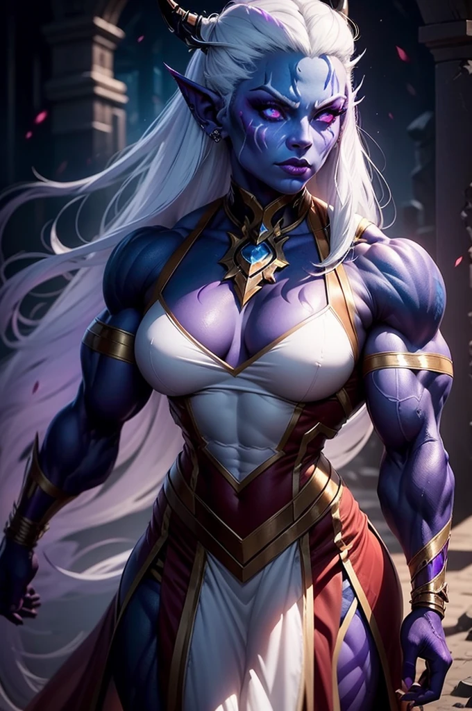 1girl, female, bodybuilder, muscular, shenightborne, purple skin, facepaint, glowing eyes, ear piercings, long white hair, red dress