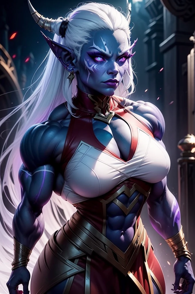 1girl, female, bodybuilder, muscular, shenightborne, purple skin, facepaint, glowing eyes, ear piercings, long white hair, red dress