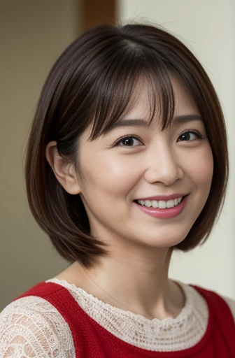 Masseter Film, highest quality, masterpiece, High resolution, realism, Original photo, 8k wallpaper, perfection, Professional Lighting, Very detailed, Written boundary depth, ((Beautiful woman)), ((Sexy 40 year old woman in red)),, ((smile)), Detailed face, Beautiful Eyes,, bangs, A photo of your face, (sexy look), voluminous long brown hair, (Thick lips), Looking down at the viewer